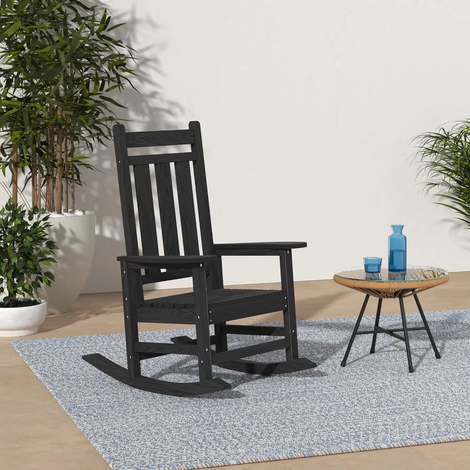 KINGYES Outdoor Patio Rocking Chair, HDPE Porch Rocker, High Back Outdoor Rocking Chair for Adult, Porch Rocker with 330Lbs Support- Black