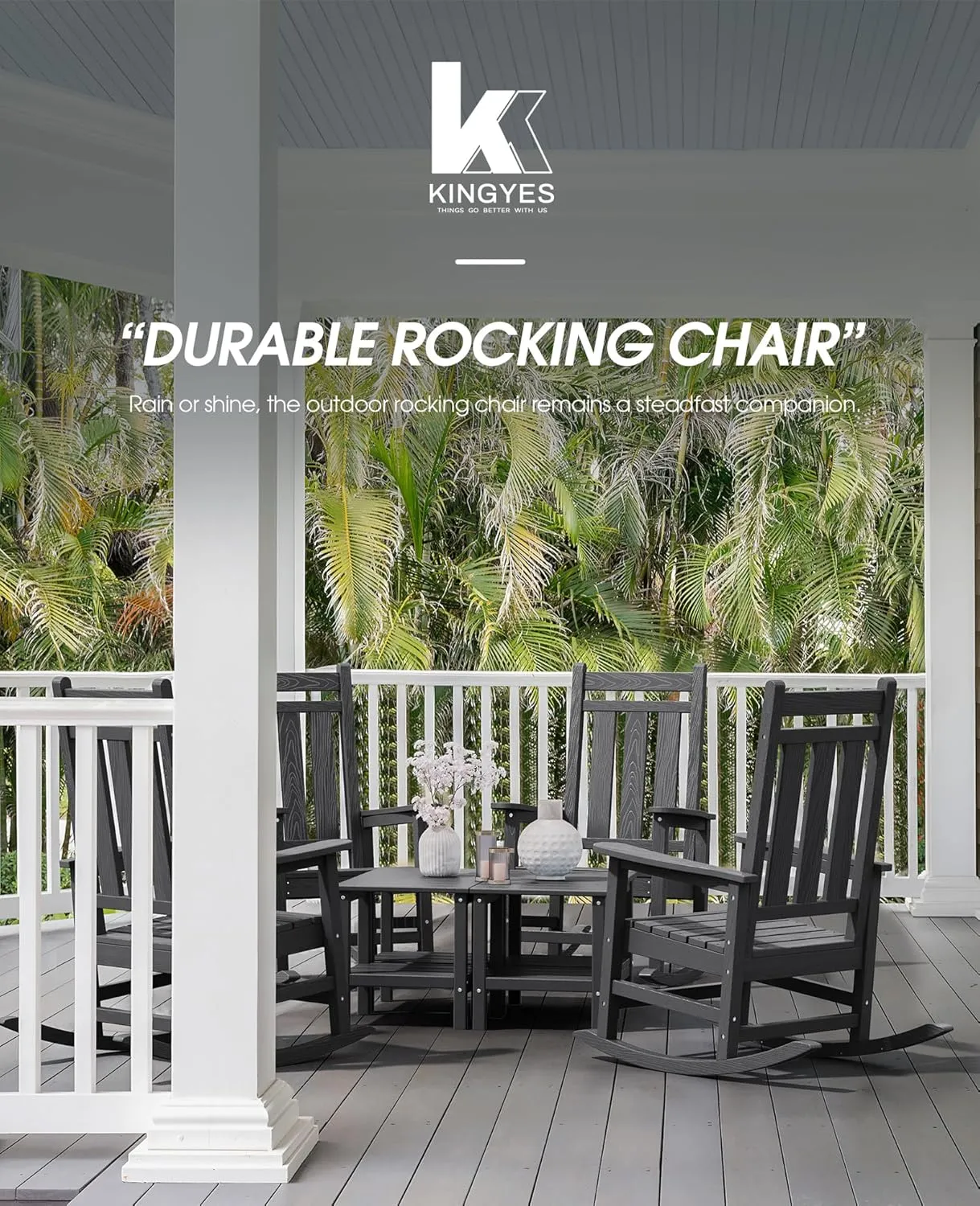 KINGYES Outdoor Patio Rocking Chair, HDPE Porch Rocker, High Back Outdoor Rocking Chair for Adult, Porch Rocker with 330Lbs Support- Black