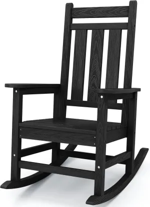 KINGYES Outdoor Patio Rocking Chair, HDPE Porch Rocker, High Back Outdoor Rocking Chair for Adult, Porch Rocker with 330Lbs Support- Black