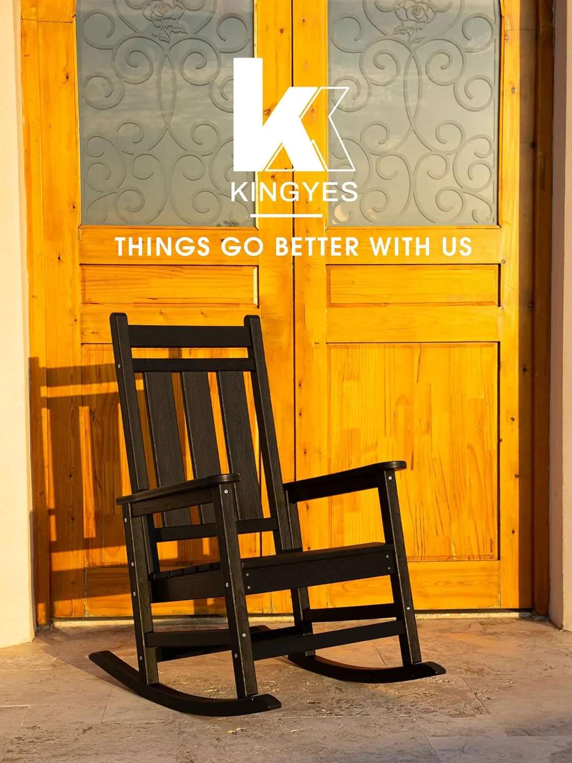 KINGYES Outdoor Patio Rocking Chair, HDPE Porch Rocker, High Back Outdoor Rocking Chair for Adult, Porch Rocker with 330Lbs Support- Black