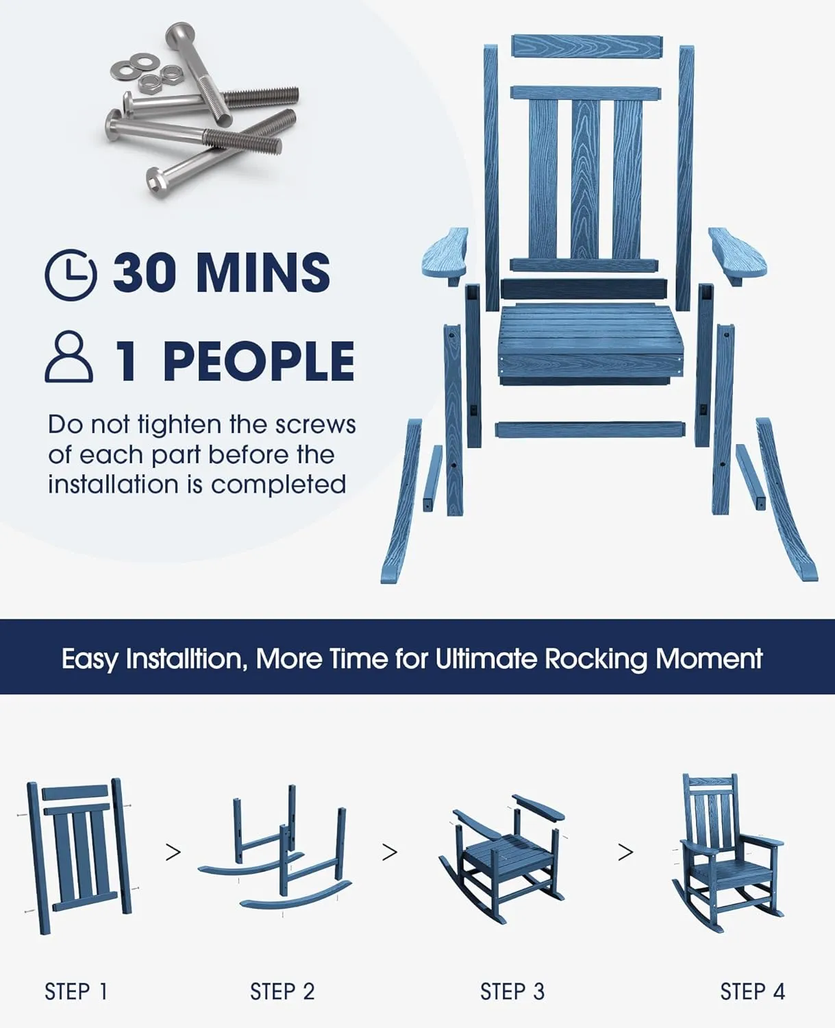 KINGYES Outdoor Patio Rocking Chair Set of 2, Weather Resistant Oversized Porch Rocker, High Back Outdoor Rocking Chair for Adult, Porch Rocker with 330Lbs Support- Blue