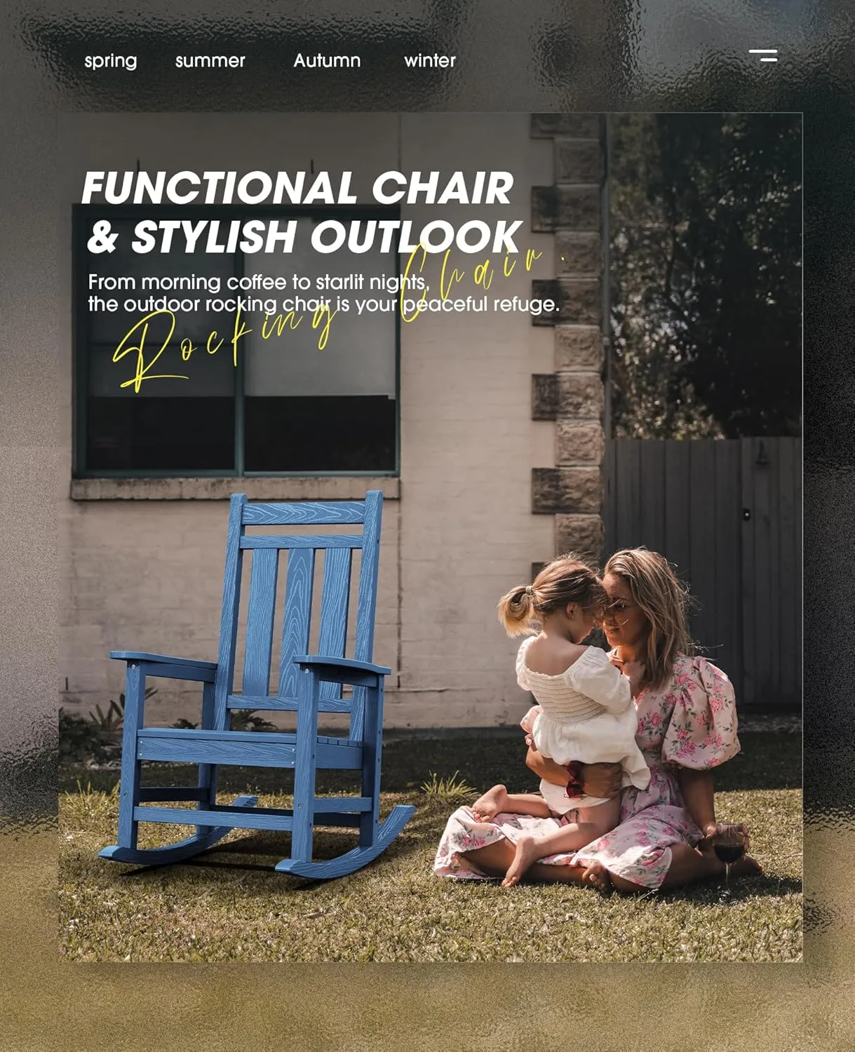 KINGYES Outdoor Patio Rocking Chair Set of 2, Weather Resistant Oversized Porch Rocker, High Back Outdoor Rocking Chair for Adult, Porch Rocker with 330Lbs Support- Blue