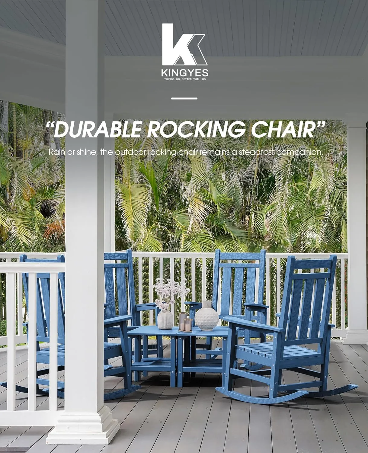 KINGYES Outdoor Patio Rocking Chair Set of 2, Weather Resistant Oversized Porch Rocker, High Back Outdoor Rocking Chair for Adult, Porch Rocker with 330Lbs Support- Blue