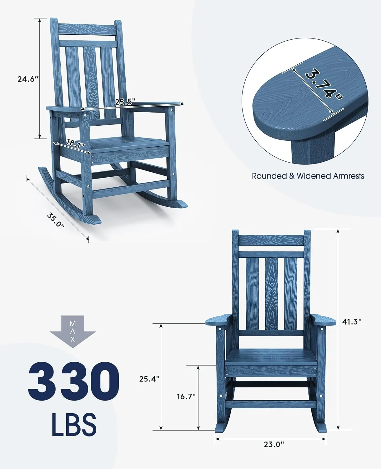 KINGYES Outdoor Patio Rocking Chair Set of 2, Weather Resistant Oversized Porch Rocker, High Back Outdoor Rocking Chair for Adult, Porch Rocker with 330Lbs Support- Blue