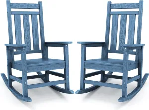 KINGYES Outdoor Patio Rocking Chair Set of 2, Weather Resistant Oversized Porch Rocker, High Back Outdoor Rocking Chair for Adult, Porch Rocker with 330Lbs Support- Blue