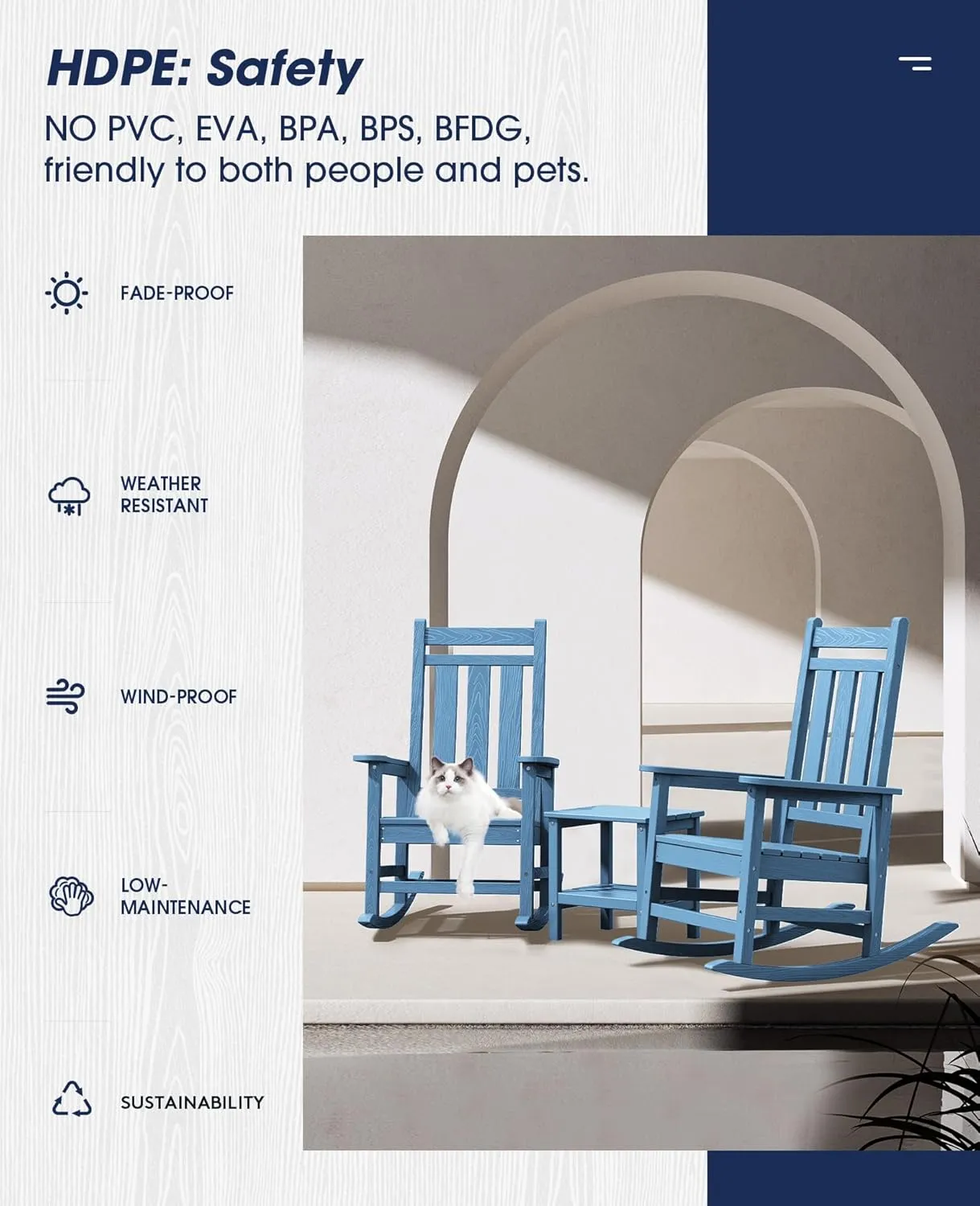 KINGYES Outdoor Patio Rocking Chair Set of 2, Weather Resistant Oversized Porch Rocker, High Back Outdoor Rocking Chair for Adult, Porch Rocker with 330Lbs Support- Blue