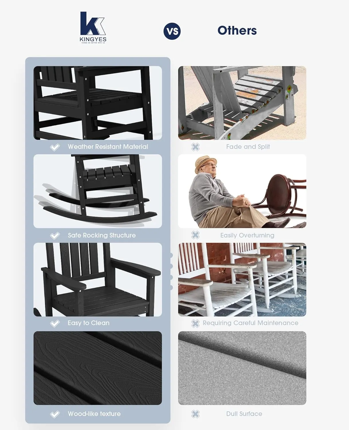 KINGYES Outdoor Rocking Chairs, HDPE All-Weather Patio Rocking Chairs High Back Porch Rocker for Adult, Black