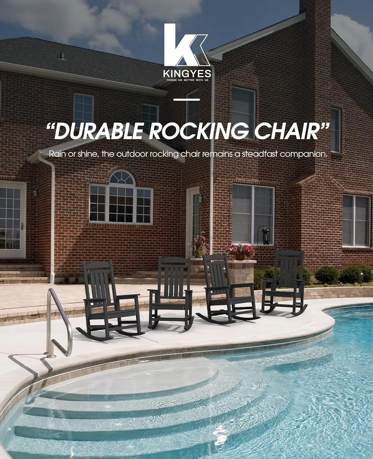 KINGYES Outdoor Rocking Chairs, HDPE All-Weather Patio Rocking Chairs High Back Porch Rocker for Adult, Black