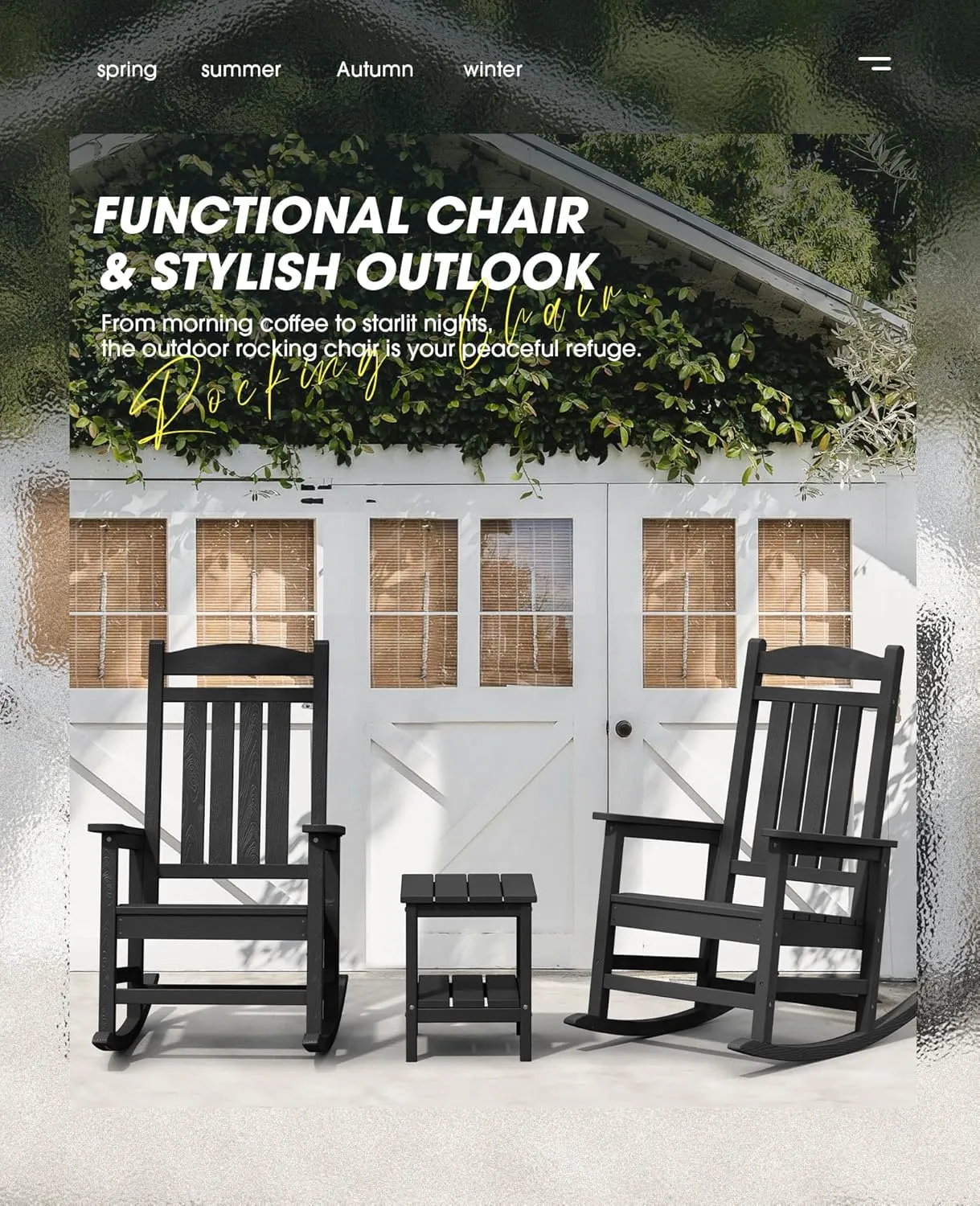 KINGYES Outdoor Rocking Chairs, HDPE All-Weather Patio Rocking Chairs High Back Porch Rocker for Adult, Black