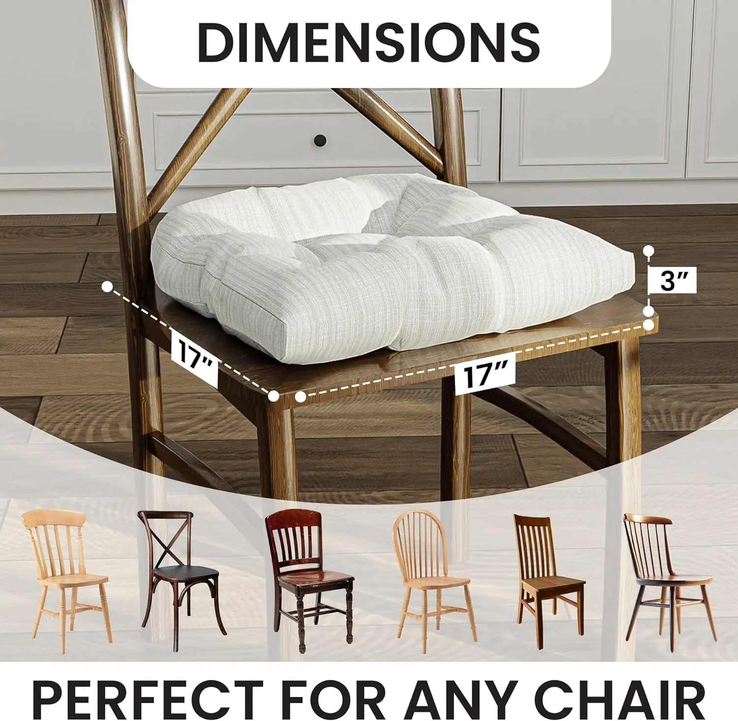 Klear Vu Gripper Overstuffed Universal Non-Slip Dining Chair Cushions for Kitchen Decor or Office Use, U-Shaped Skid-Proof Seat Pad, 17x17 Inches, 2 Count (Pack of 1), Chenille Cream