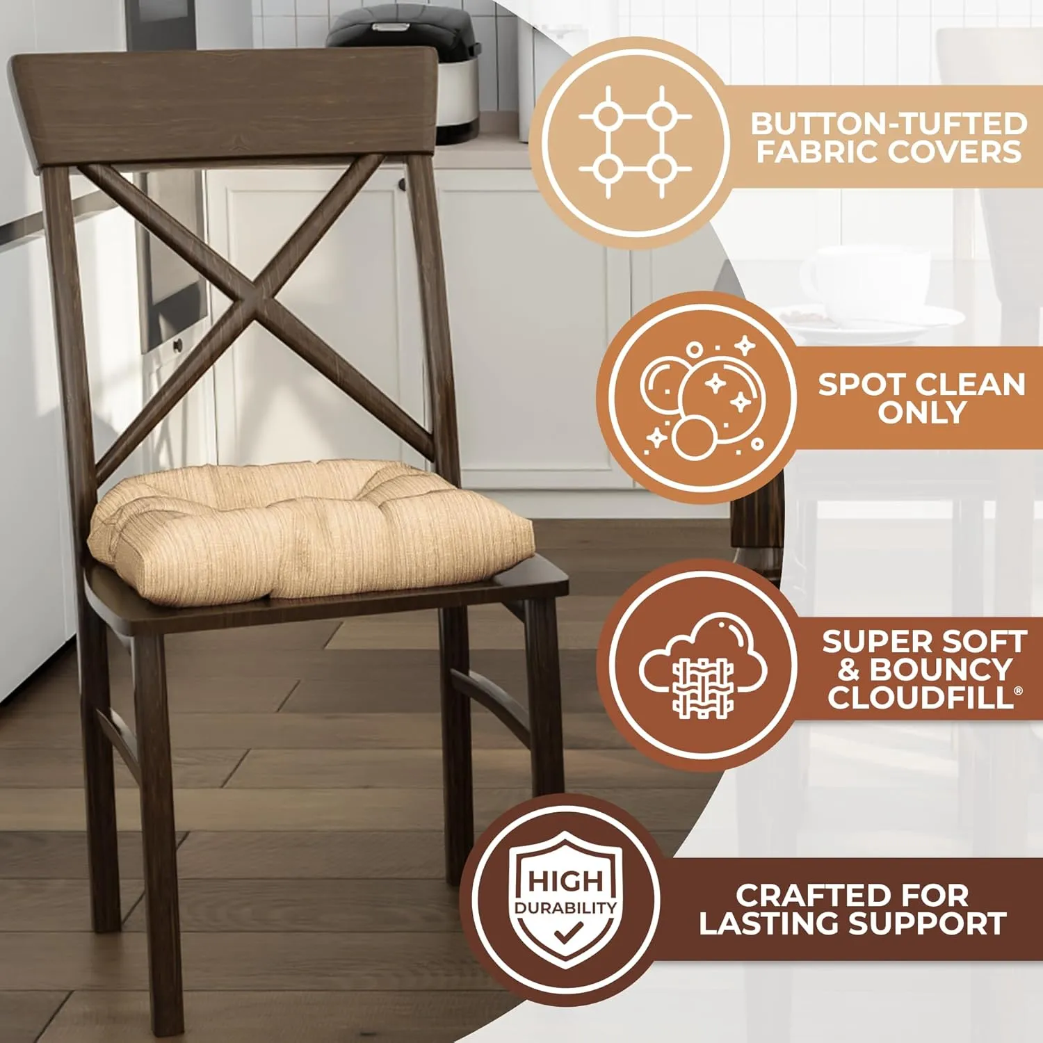 Klear Vu Gripper Overstuffed Universal Non-Slip Dining Chair Cushions for Kitchen Decor or Office Use, U-Shaped Skid-Proof Seat Pad, 17x17 Inches, 2 Count (Pack of 1), Chenille Sand