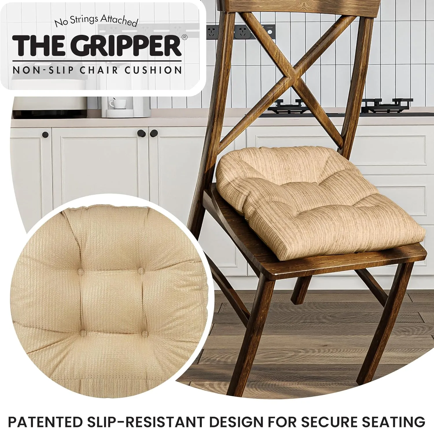 Klear Vu Gripper Overstuffed Universal Non-Slip Dining Chair Cushions for Kitchen Decor or Office Use, U-Shaped Skid-Proof Seat Pad, 17x17 Inches, 2 Count (Pack of 1), Chenille Sand