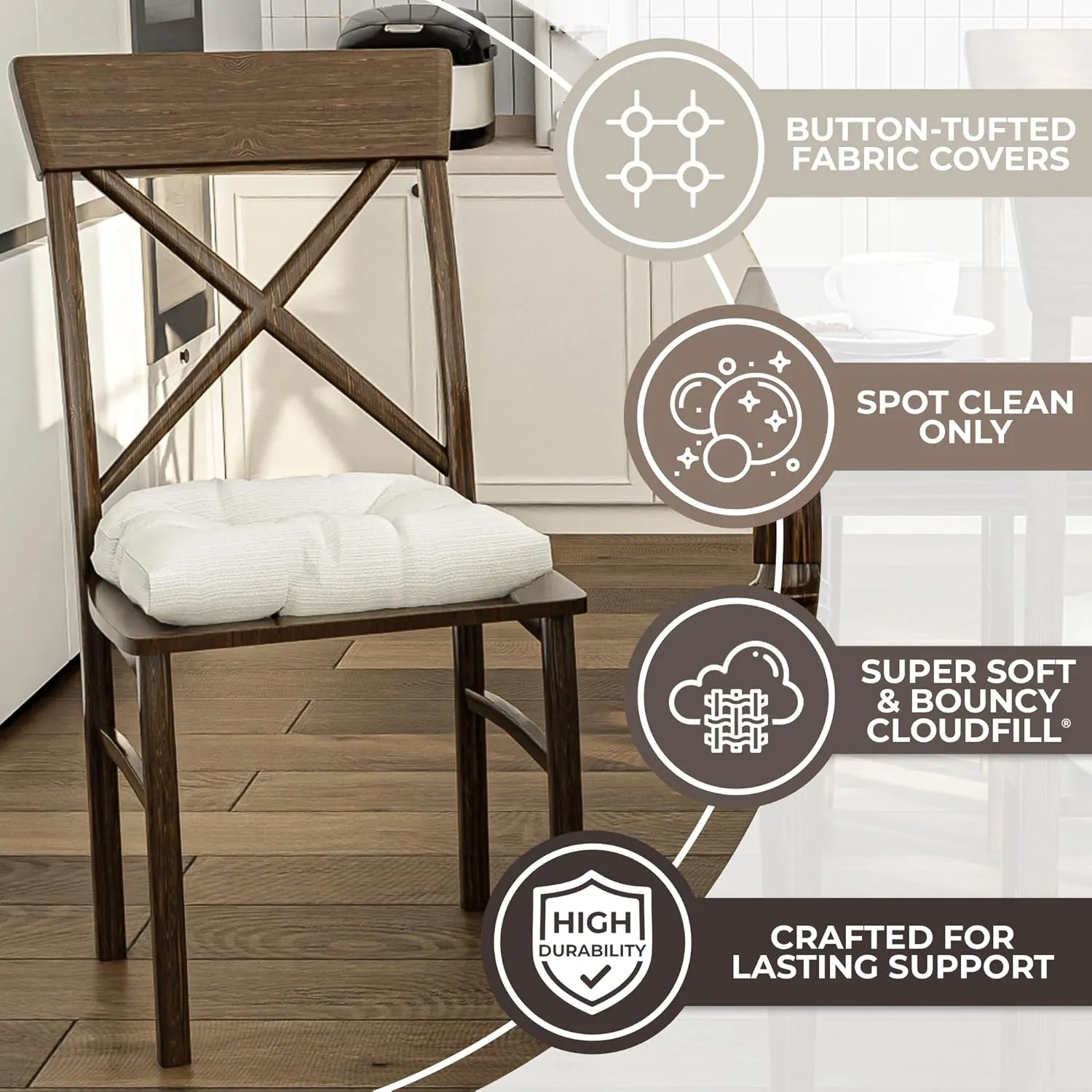 Klear Vu Gripper Overstuffed Universal Non-Slip Dining Chair Cushions for Kitchen Decor or Office Use, U-Shaped Skid-Proof Seat Pad, 17x17 Inches, 2 Count (Pack of 1), Solid Ivory