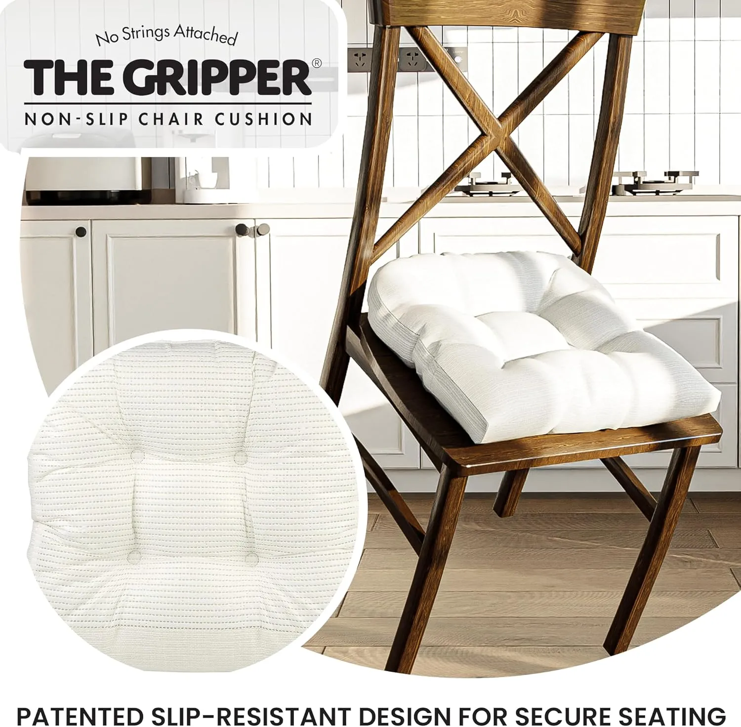 Klear Vu Gripper Overstuffed Universal Non-Slip Dining Chair Cushions for Kitchen Decor or Office Use, U-Shaped Skid-Proof Seat Pad, 17x17 Inches, 2 Count (Pack of 1), Solid Ivory