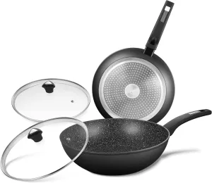 KOCH SYSTEME CS CSK 11 12in Nonstick Frying Pan Sets With Glass Lids-Cookware Sets With Stone-Derived Ultra Nonstick Coating,100% PFOA&APEO Free,Induction Available Frying Skillets,Wok Pans,4PC,Black
