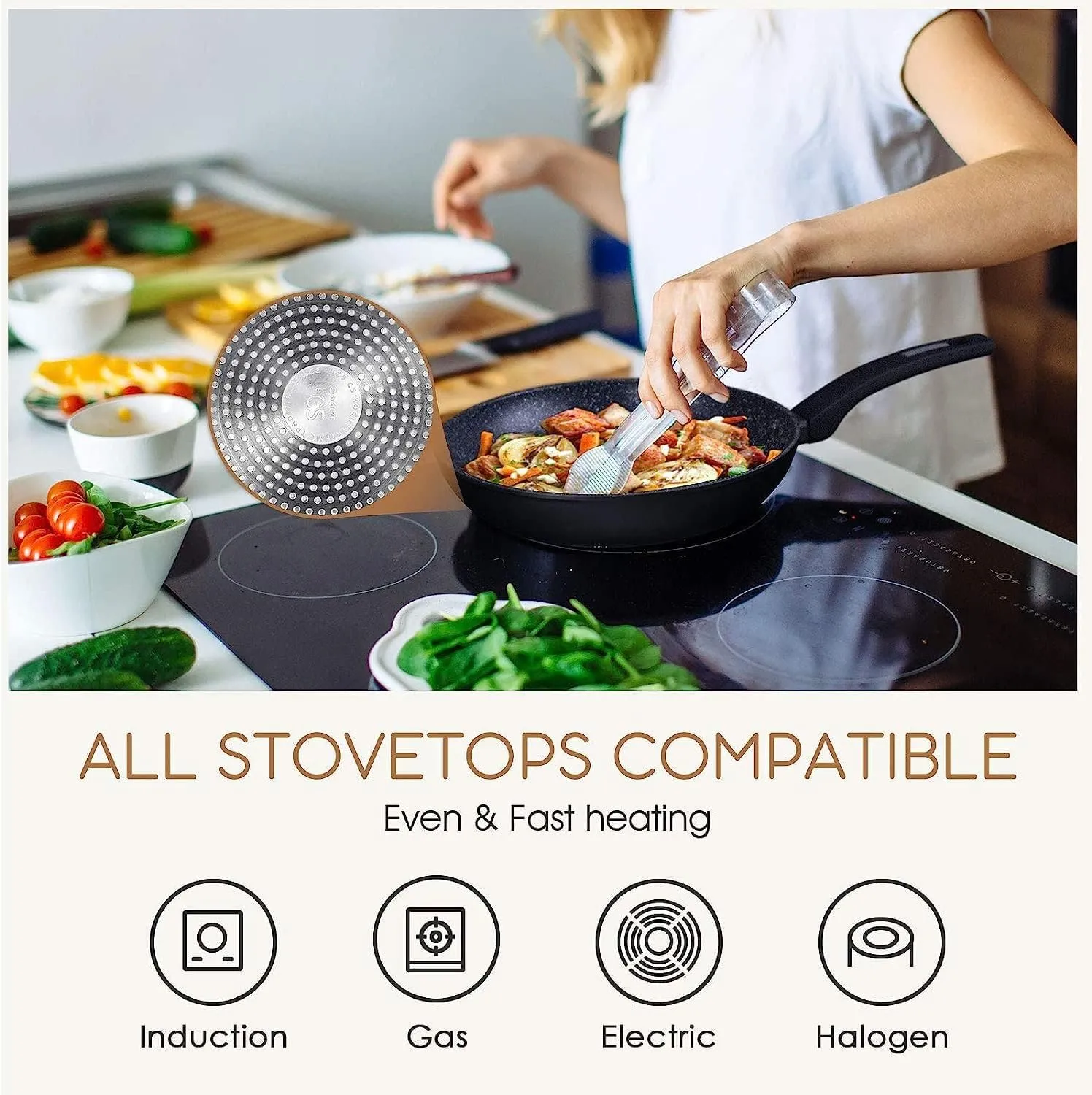 KOCH SYSTEME CS CSK 11 12in Nonstick Frying Pan Sets With Glass Lids-Cookware Sets With Stone-Derived Ultra Nonstick Coating,100% PFOA&APEO Free,Induction Available Frying Skillets,Wok Pans,4PC,Black