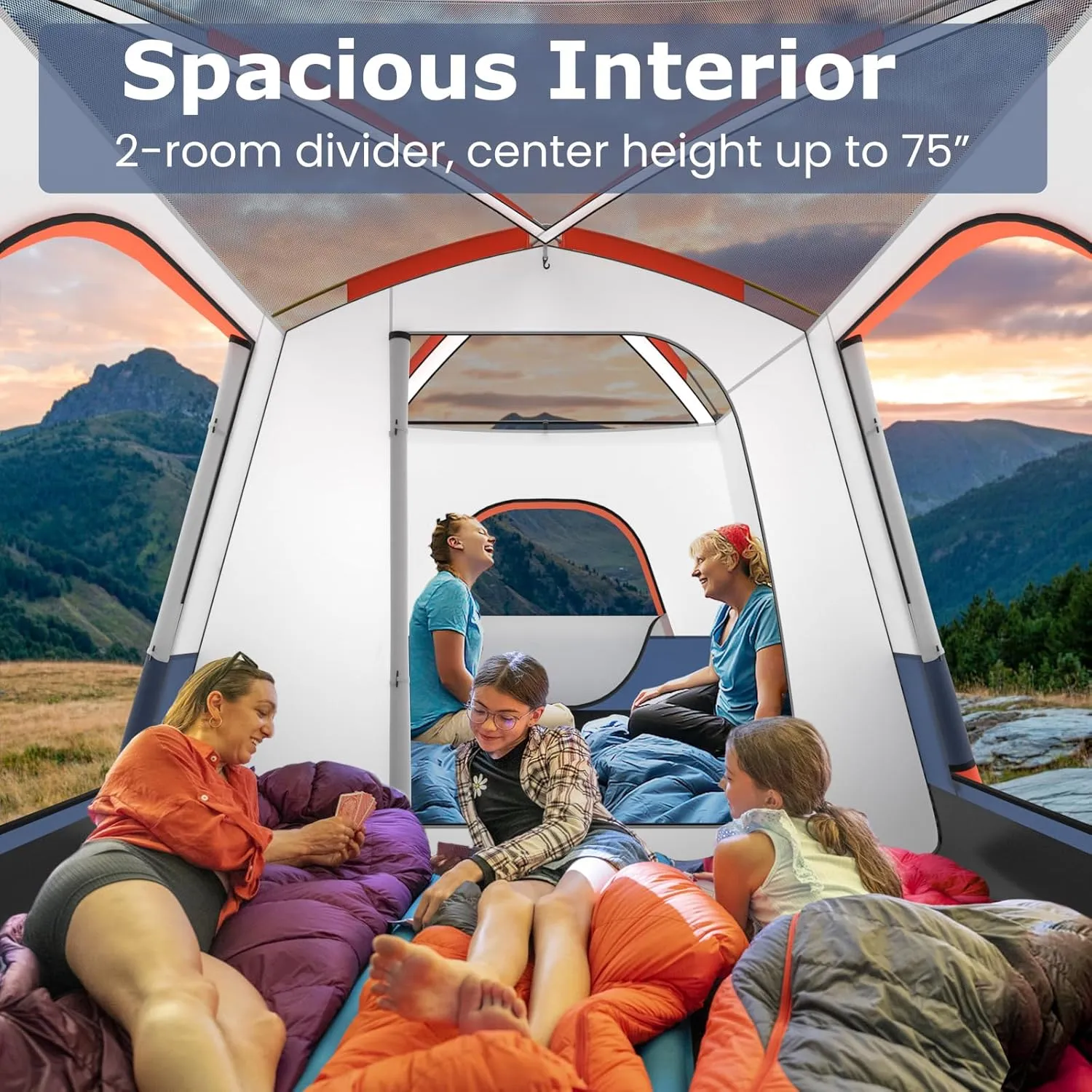 KOTEK 6-8 Person Tents for Camping, Family Tent with 2 Rooms, 2 Doors, 2 Mesh Windows, Porch & Removable Rainfly, Large Camping Tent for Outdoor Picnic, Hiking, Gathering