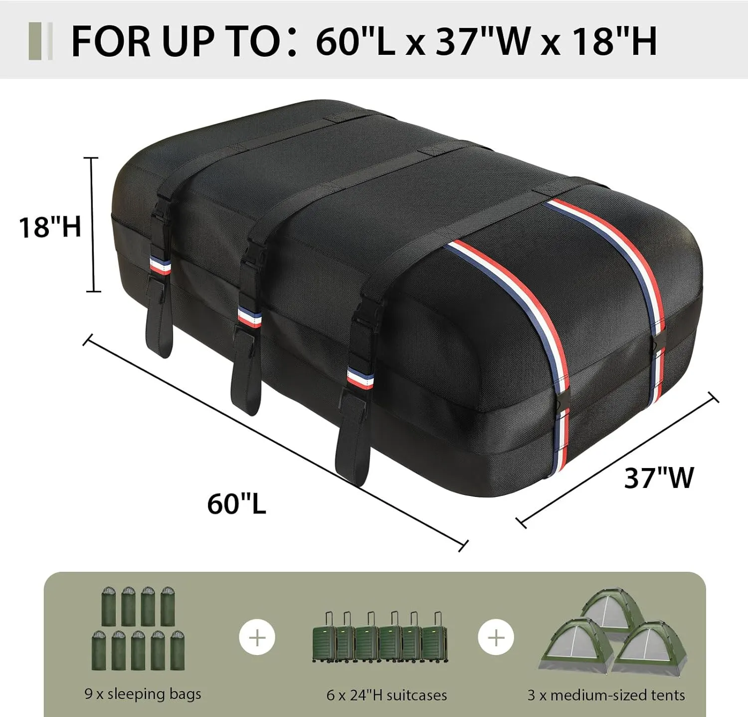 Kylinlucky 23 Cubic Feet IPX6 Waterproof Roof Cargo Bag - 1200D Heavy Duty Soft Roof Luggage Bag for All Cars SUVs Without Roof Rack, 6 Straps   Hooks Included,Soft-Shell 60L x 37W x 18H inches