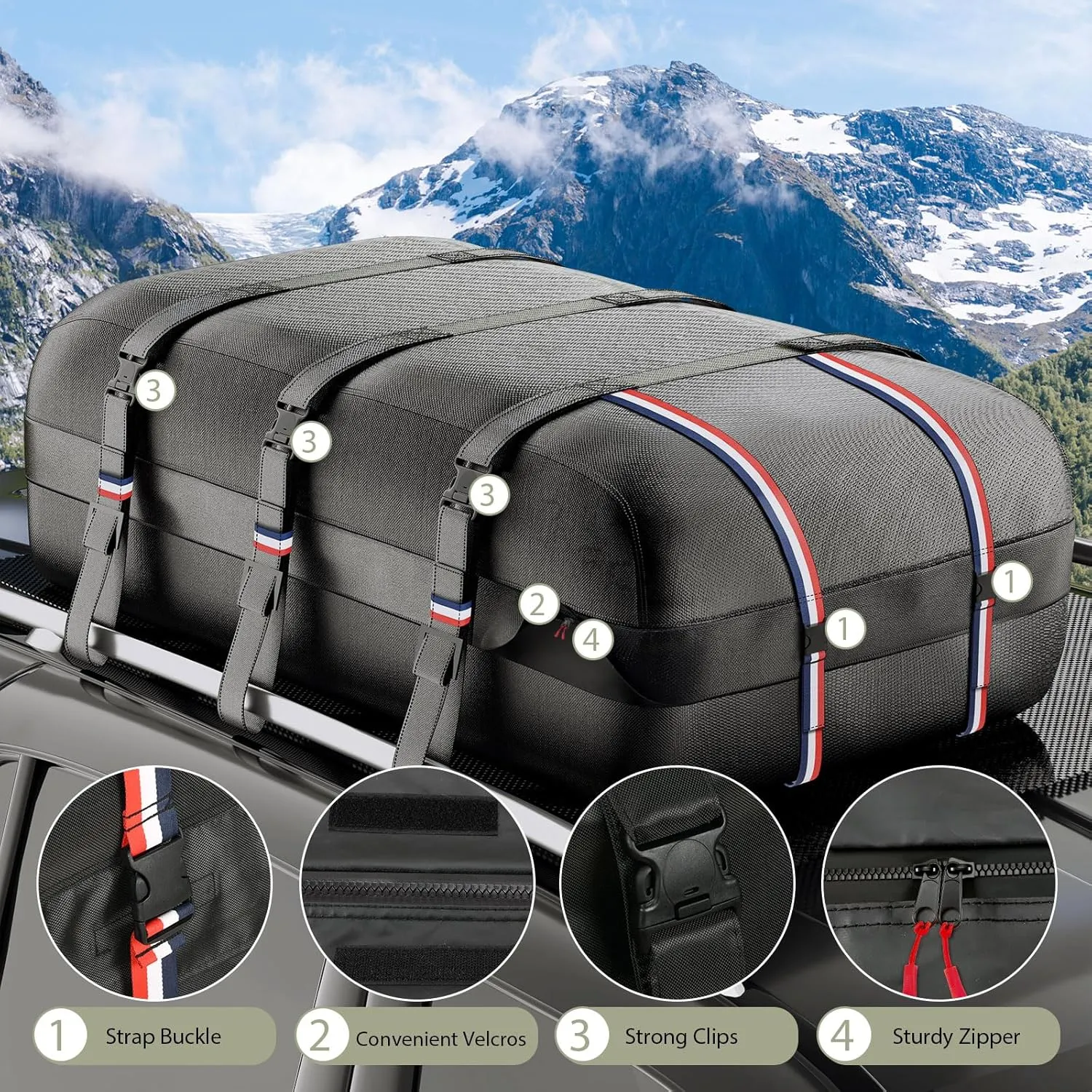 Kylinlucky 23 Cubic Feet IPX6 Waterproof Roof Cargo Bag - 1200D Heavy Duty Soft Roof Luggage Bag for All Cars SUVs Without Roof Rack, 6 Straps   Hooks Included,Soft-Shell 60L x 37W x 18H inches