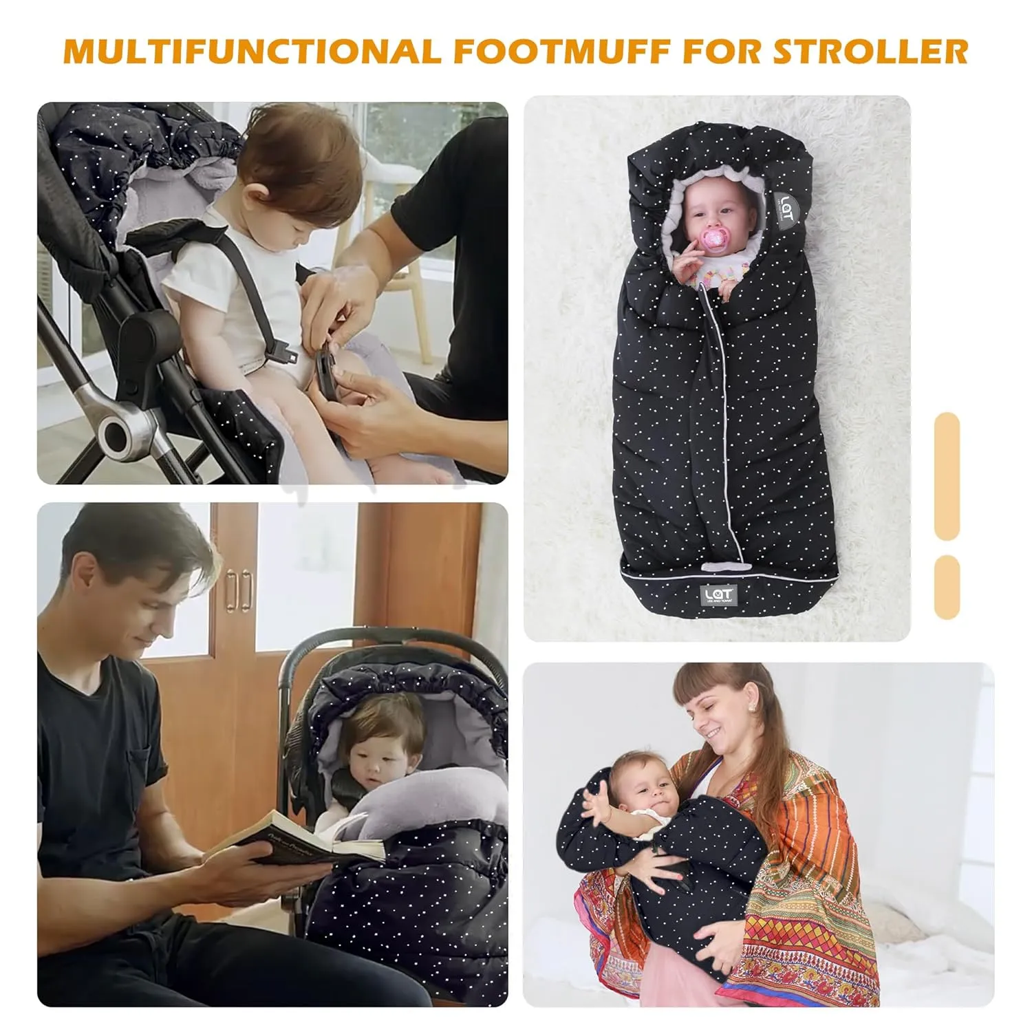LAT Baby Warm Bunting Bag Universal,Stroller Sleeping Bag Cold Weather,Waterproof Toddler Footmuff(Basic,Black White Stars)