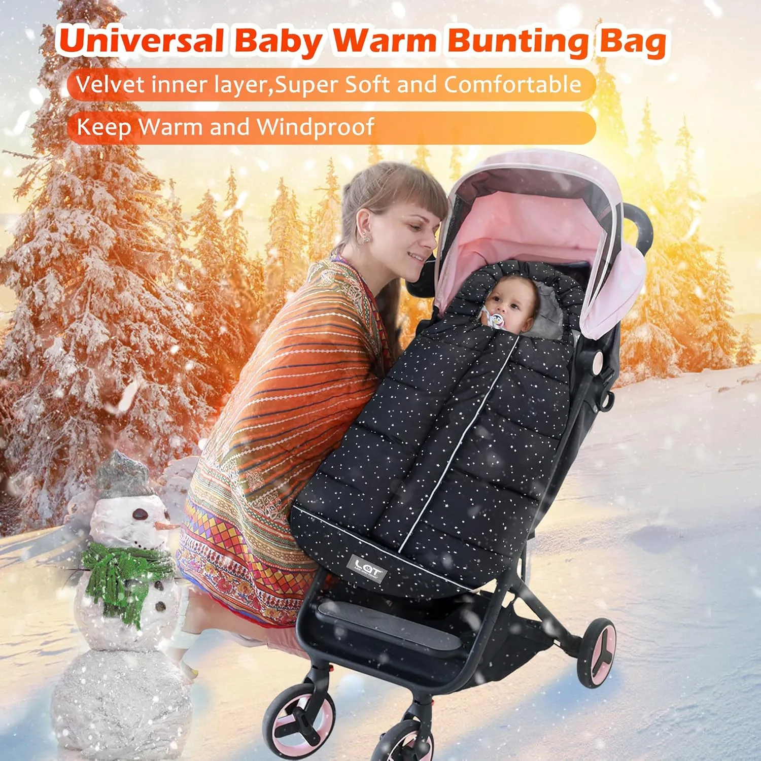 LAT Baby Warm Bunting Bag Universal,Stroller Sleeping Bag Cold Weather,Waterproof Toddler Footmuff(Basic,Black White Stars)