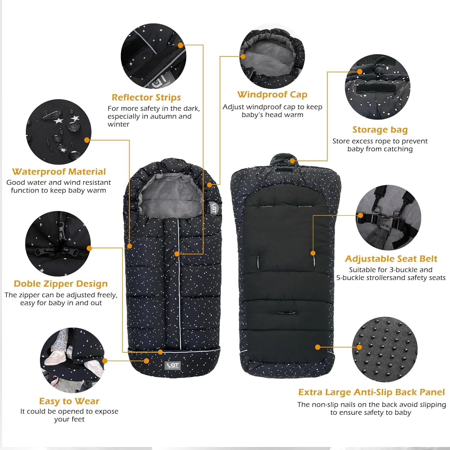 LAT Baby Warm Bunting Bag Universal,Stroller Sleeping Bag Cold Weather,Waterproof Toddler Footmuff(Basic,Black White Stars)
