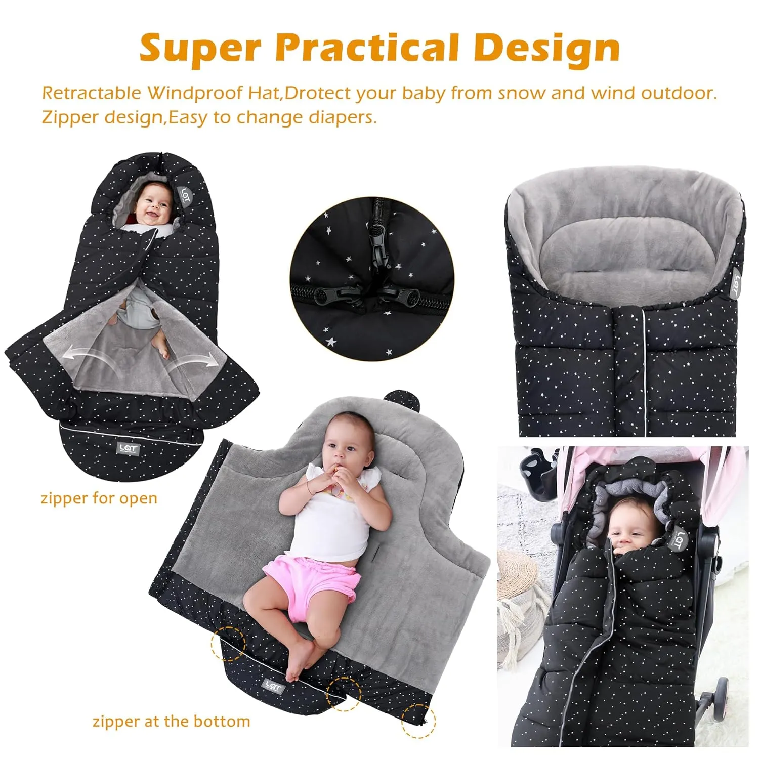 LAT Baby Warm Bunting Bag Universal,Stroller Sleeping Bag Cold Weather,Waterproof Toddler Footmuff(Basic,Black White Stars)