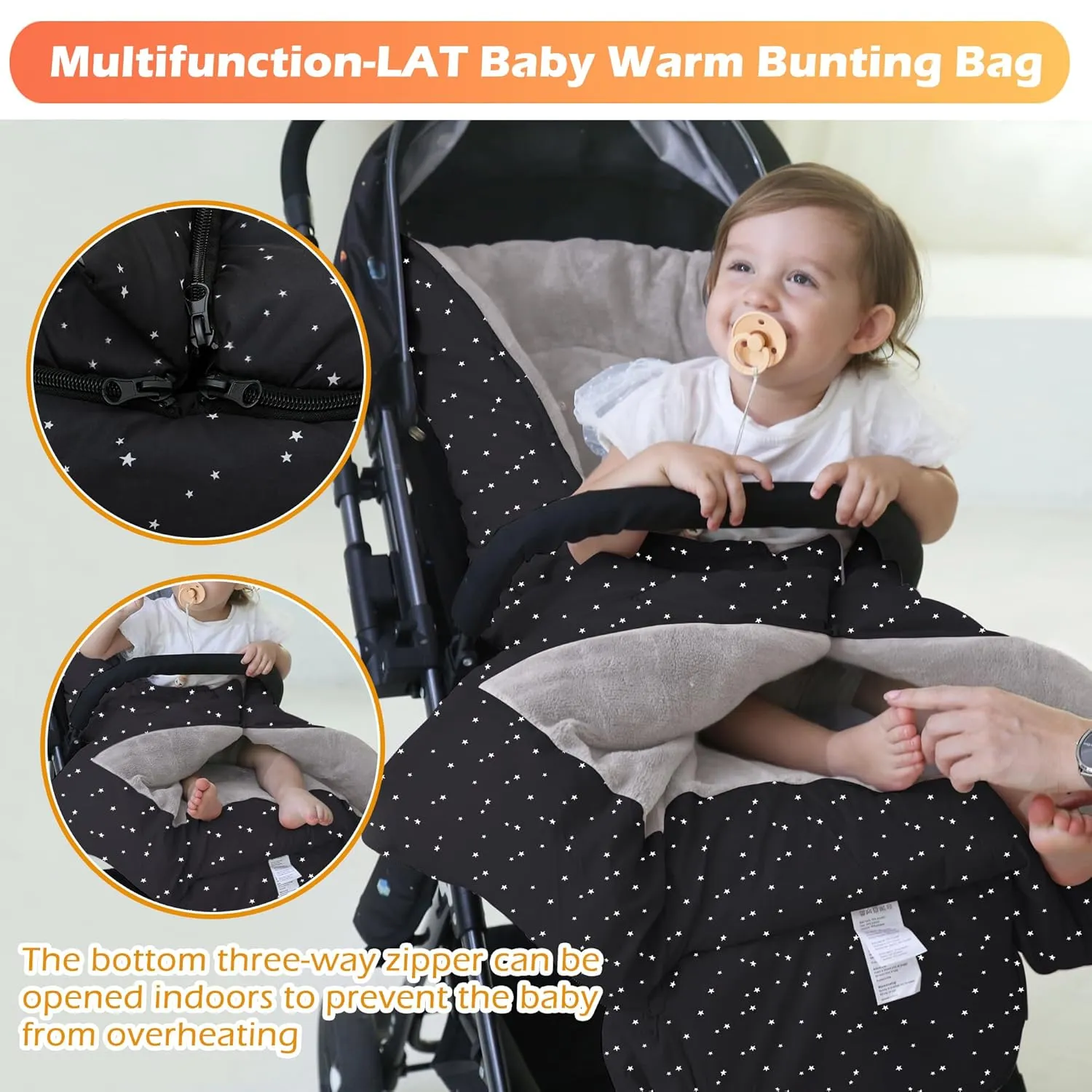 LAT Baby Warm Bunting Bag Universal,Stroller Sleeping Bag Cold Weather,Waterproof Toddler Footmuff(Basic,Black White Stars)