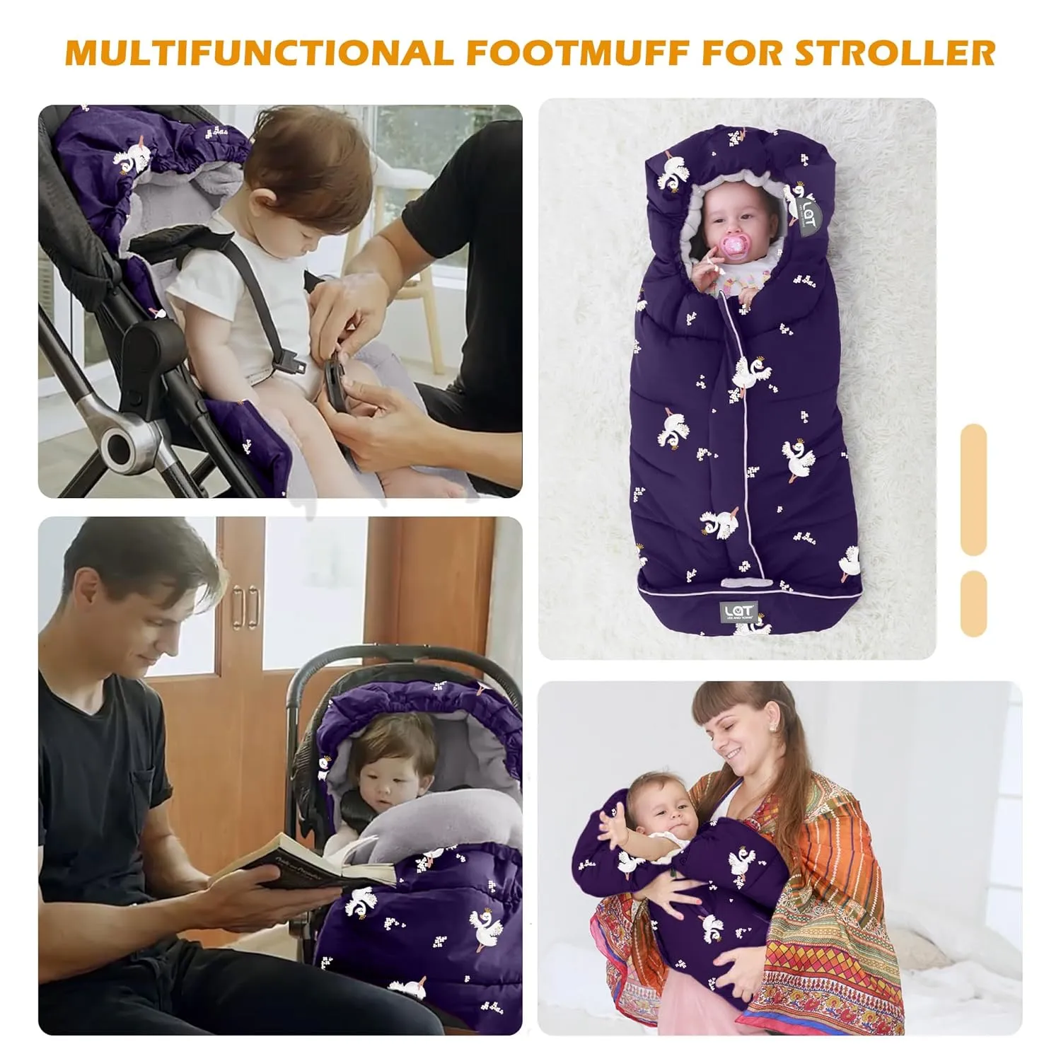 LAT Baby Warm Bunting Bag Universal,Stroller Sleeping Bag Cold Weather,Waterproof Toddler Footmuff(Basic,Purple Swan)