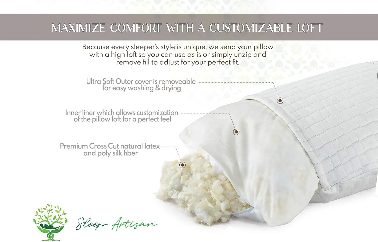 Latex Sleeping Pillow - Natural Talalay Pillow w/Washable Cover, Luxury Adjustable Loft Latex Sleeping Pillow for Back Support & Neck Support - Handmade in USA, Queen Size