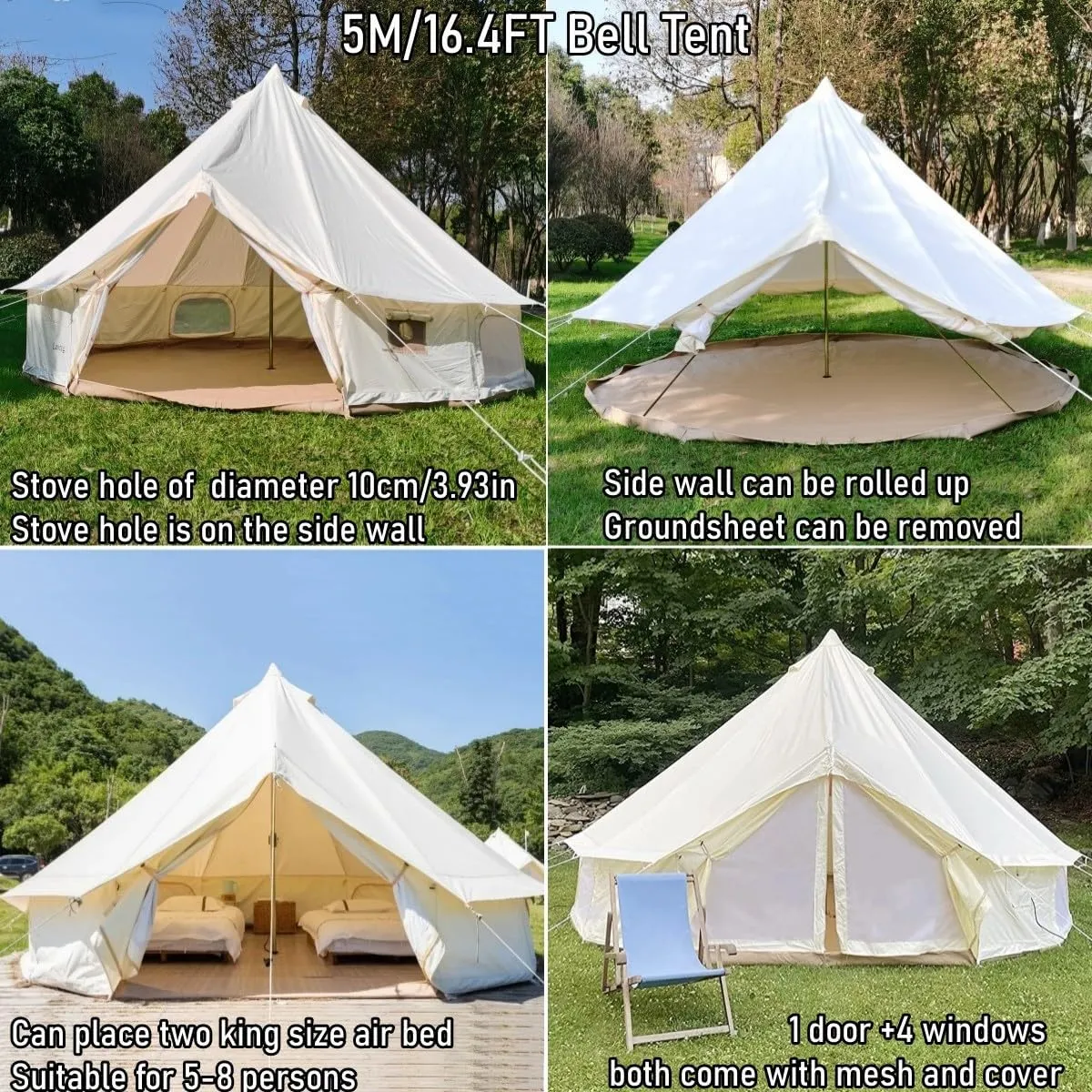 Latourreg Luxury 3M/4M/5M/6M Oxford Bell Tent with Zipped Detachable Groundsheet