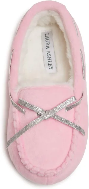 Laura Ashley Fleece Girls Moccasin Slippers, Indoor Outdoor Easy to Wear Home Shoes for Kids