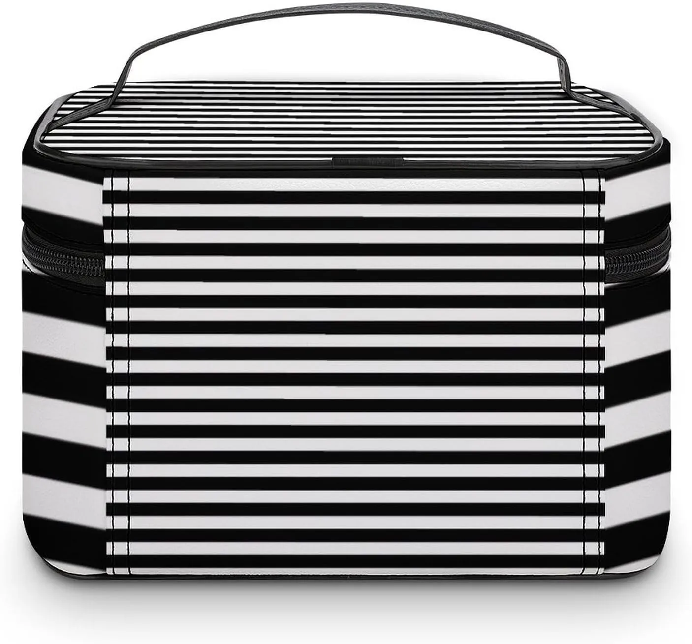 Leather Cosmetic Case, Classic Elegant Modern Black and White Striped Portable Makeup Bag Organizer Large Capacity Travel Toiletry Bag with Zipper
