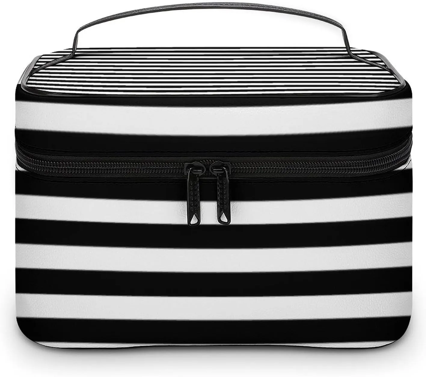 Leather Cosmetic Case, Classic Elegant Modern Black and White Striped Portable Makeup Bag Organizer Large Capacity Travel Toiletry Bag with Zipper