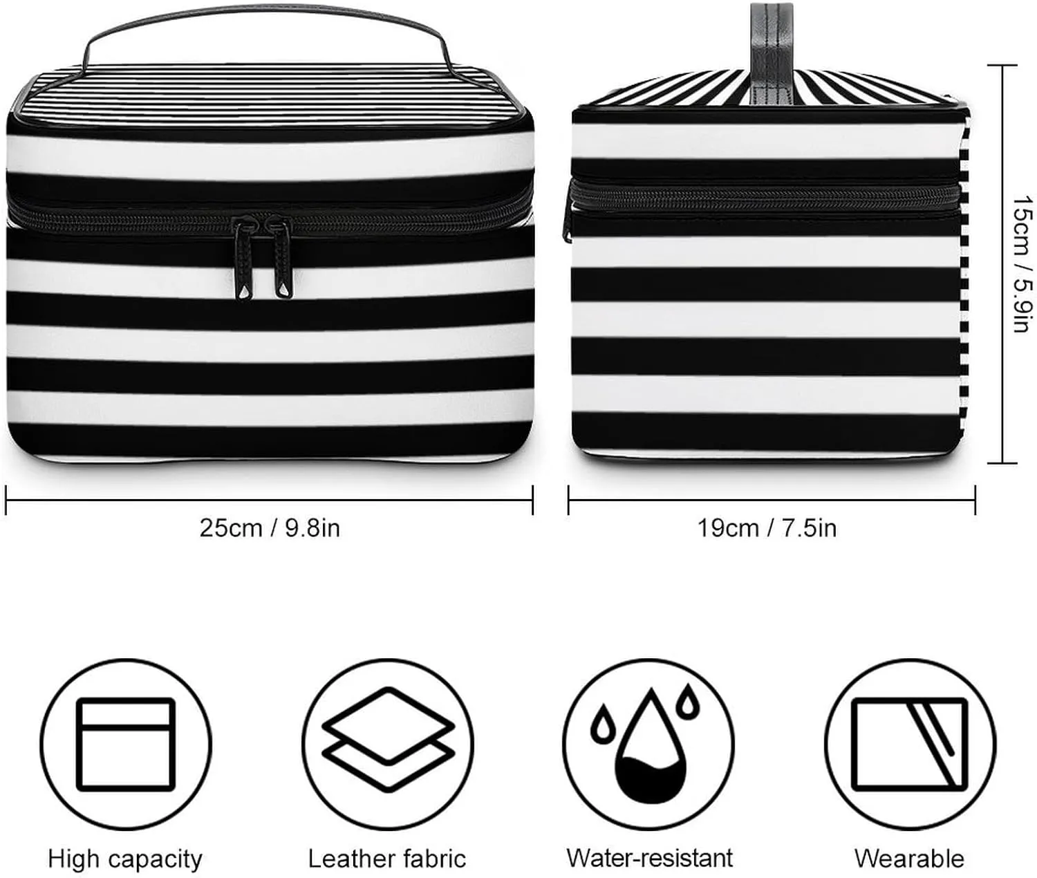 Leather Cosmetic Case, Classic Elegant Modern Black and White Striped Portable Makeup Bag Organizer Large Capacity Travel Toiletry Bag with Zipper