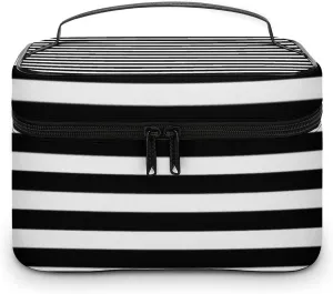 Leather Cosmetic Case, Classic Elegant Modern Black and White Striped Portable Makeup Bag Organizer Large Capacity Travel Toiletry Bag with Zipper