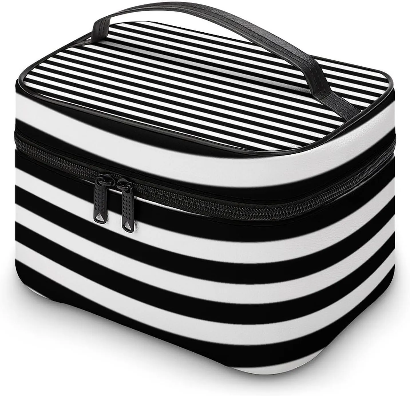 Leather Cosmetic Case, Classic Elegant Modern Black and White Striped Portable Makeup Bag Organizer Large Capacity Travel Toiletry Bag with Zipper
