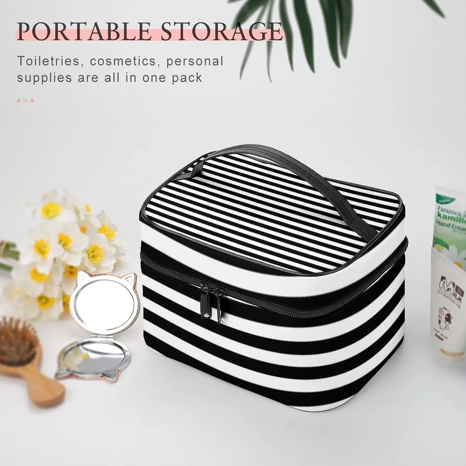 Leather Cosmetic Case, Classic Elegant Modern Black and White Striped Portable Makeup Bag Organizer Large Capacity Travel Toiletry Bag with Zipper