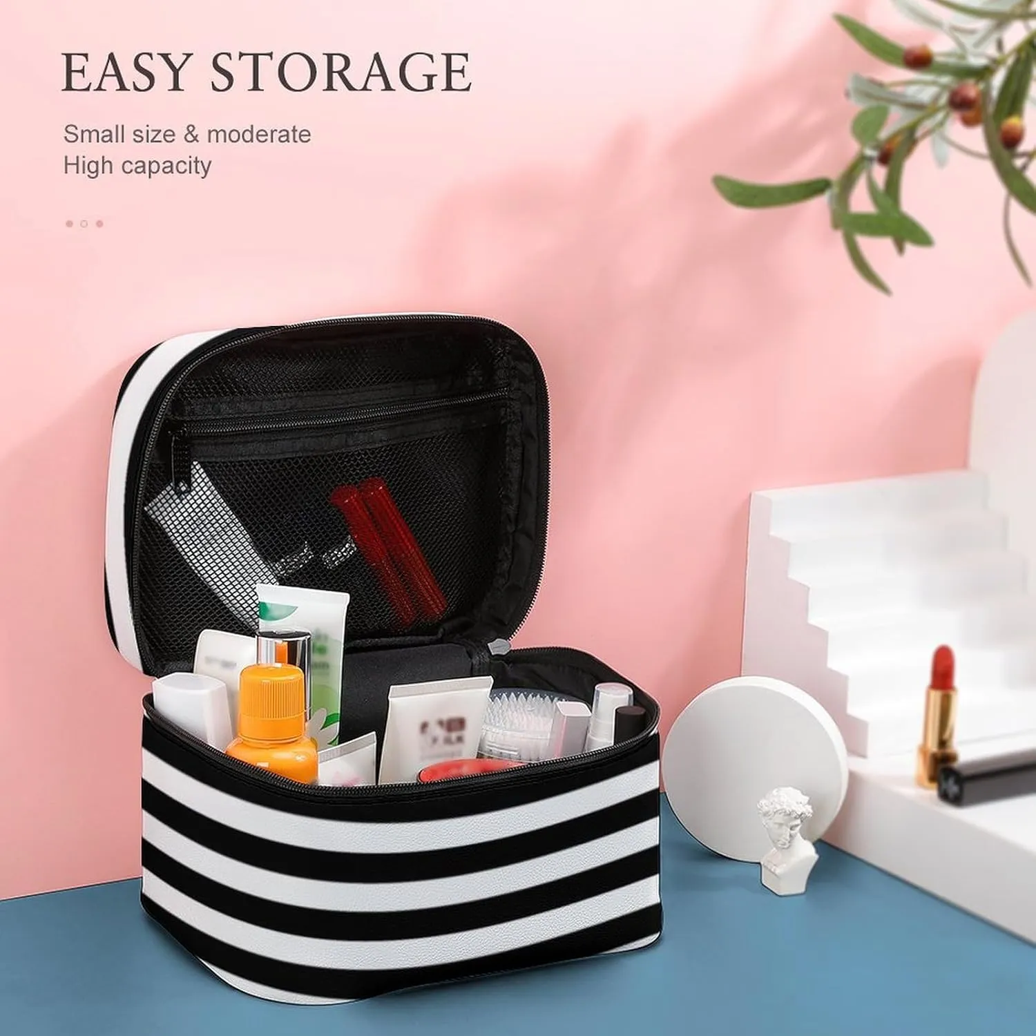 Leather Cosmetic Case, Classic Elegant Modern Black and White Striped Portable Makeup Bag Organizer Large Capacity Travel Toiletry Bag with Zipper