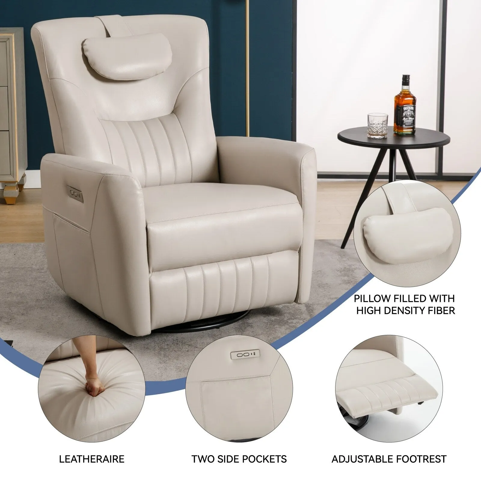 Leatheraire Swivel and Rocker Power Recliner Chair, Modern Single Recliner w/Lumbar & Neck Support Pillow, USB and Type-C Ports