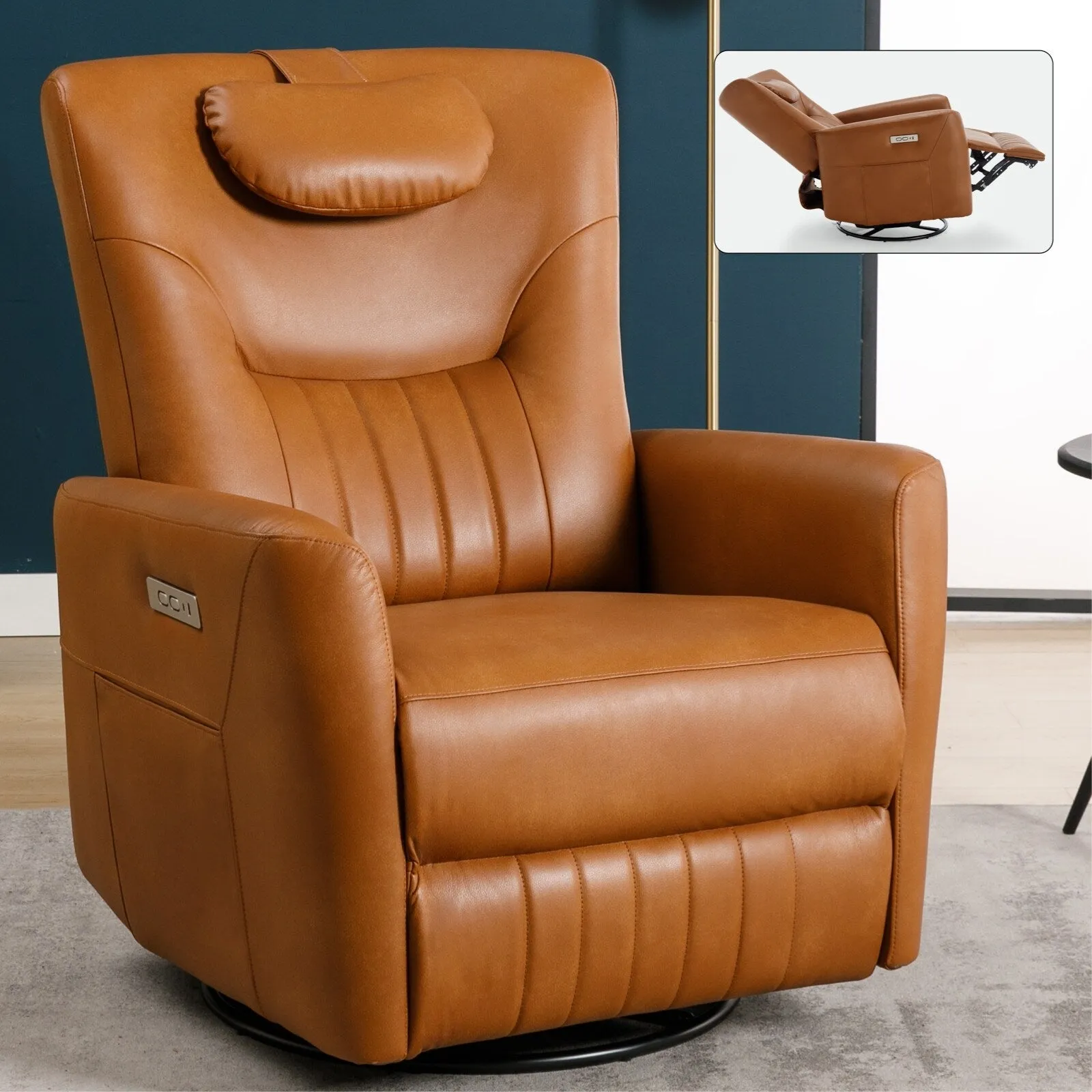 Leatheraire Swivel and Rocker Power Recliner Chair, Modern Single Recliner w/Lumbar & Neck Support Pillow, USB and Type-C Ports