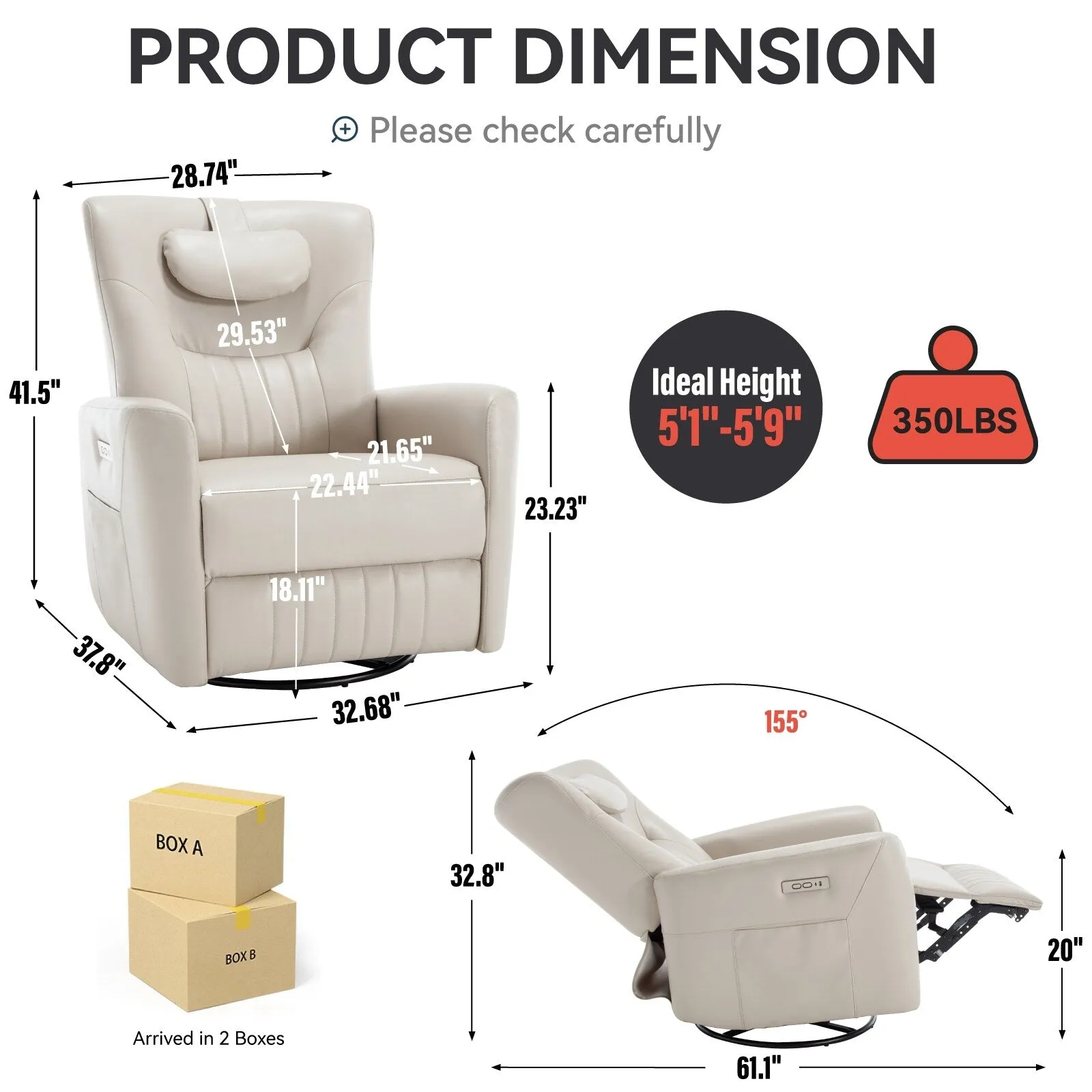 Leatheraire Swivel and Rocker Power Recliner Chair, Modern Single Recliner w/Lumbar & Neck Support Pillow, USB and Type-C Ports