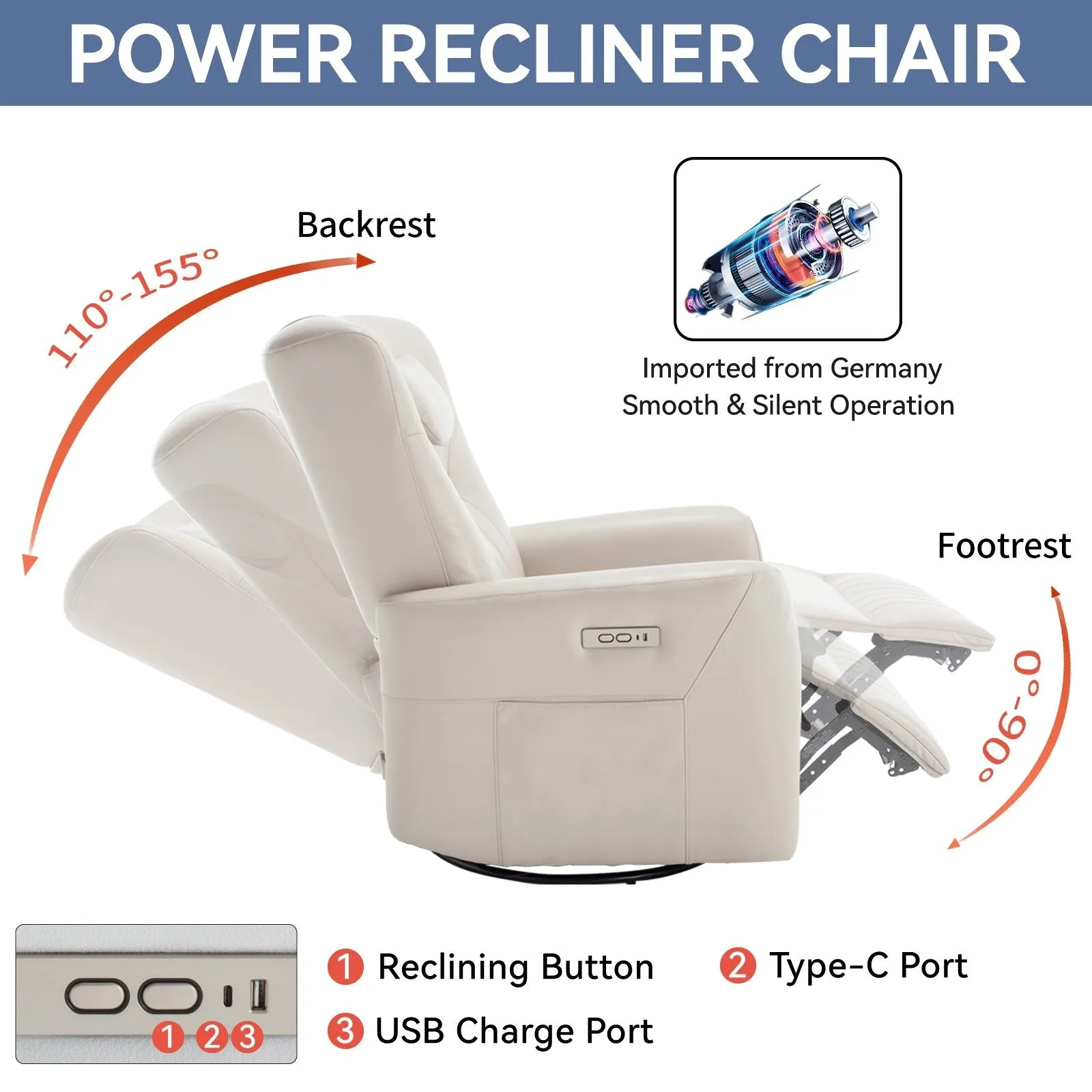 Leatheraire Swivel and Rocker Power Recliner Chair, Modern Single Recliner w/Lumbar & Neck Support Pillow, USB and Type-C Ports