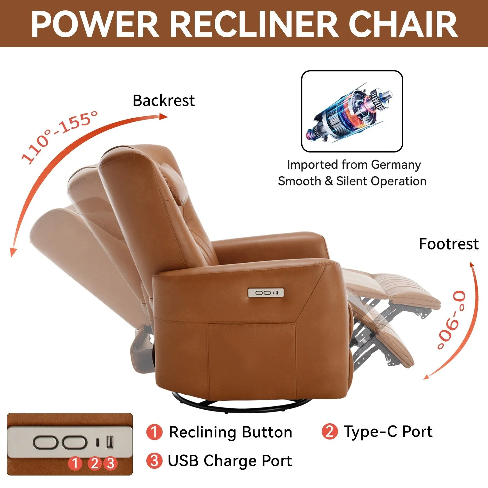 Leatheraire Swivel and Rocker Power Recliner Chair, Modern Single Recliner w/Lumbar & Neck Support Pillow, USB and Type-C Ports