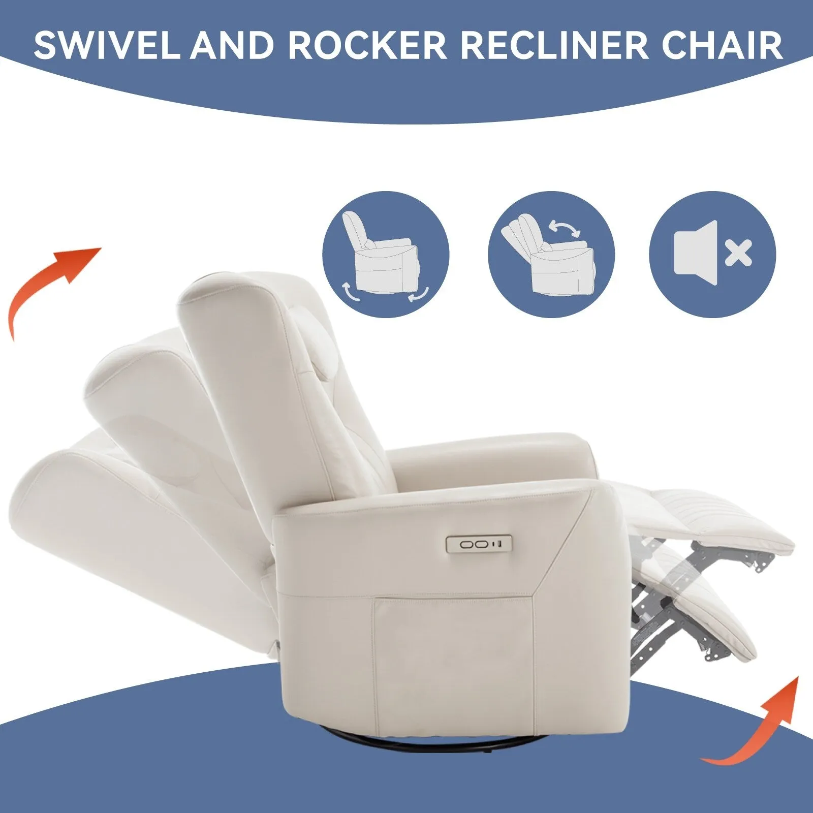 Leatheraire Swivel and Rocker Power Recliner Chair, Modern Single Recliner w/Lumbar & Neck Support Pillow, USB and Type-C Ports