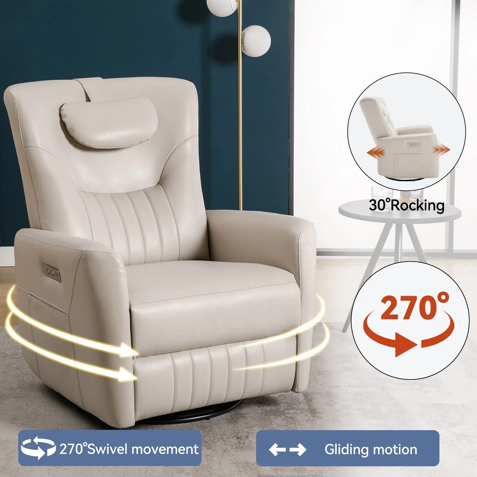 Leatheraire Swivel and Rocker Power Recliner Chair, Modern Single Recliner w/Lumbar & Neck Support Pillow, USB and Type-C Ports