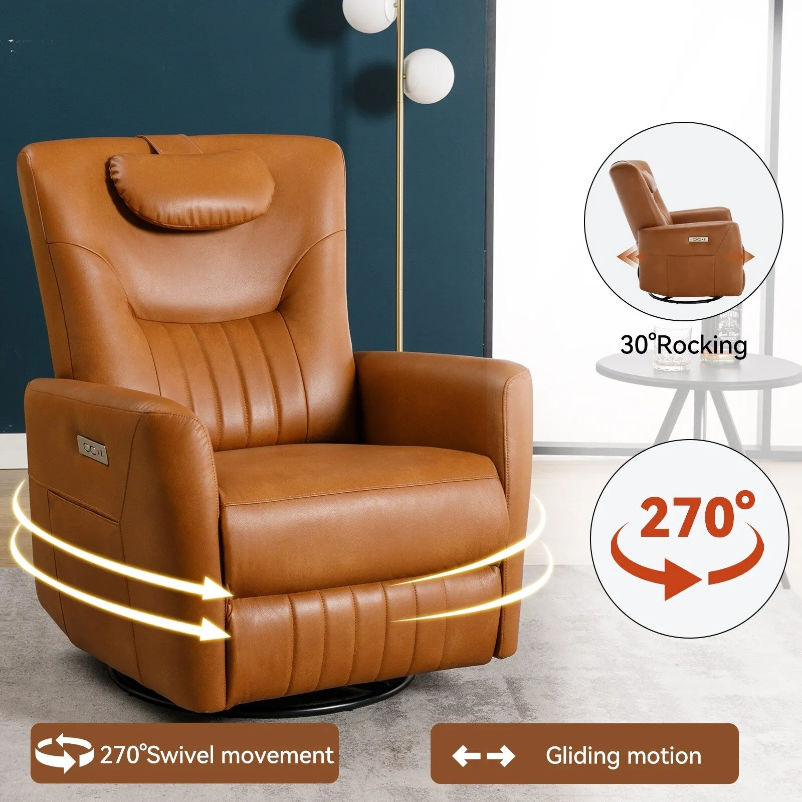 Leatheraire Swivel and Rocker Power Recliner Chair, Modern Single Recliner w/Lumbar & Neck Support Pillow, USB and Type-C Ports
