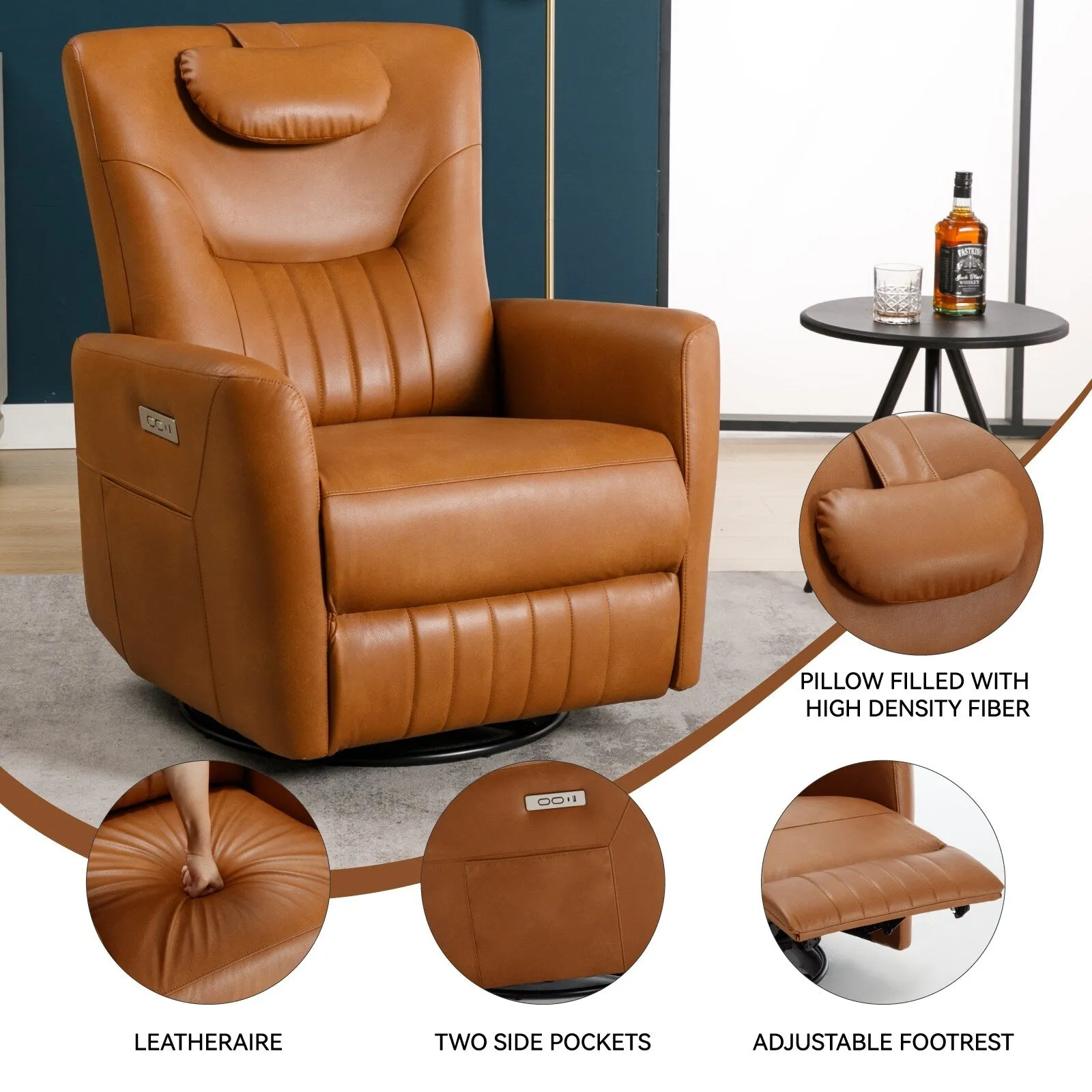 Leatheraire Swivel and Rocker Power Recliner Chair, Modern Single Recliner w/Lumbar & Neck Support Pillow, USB and Type-C Ports