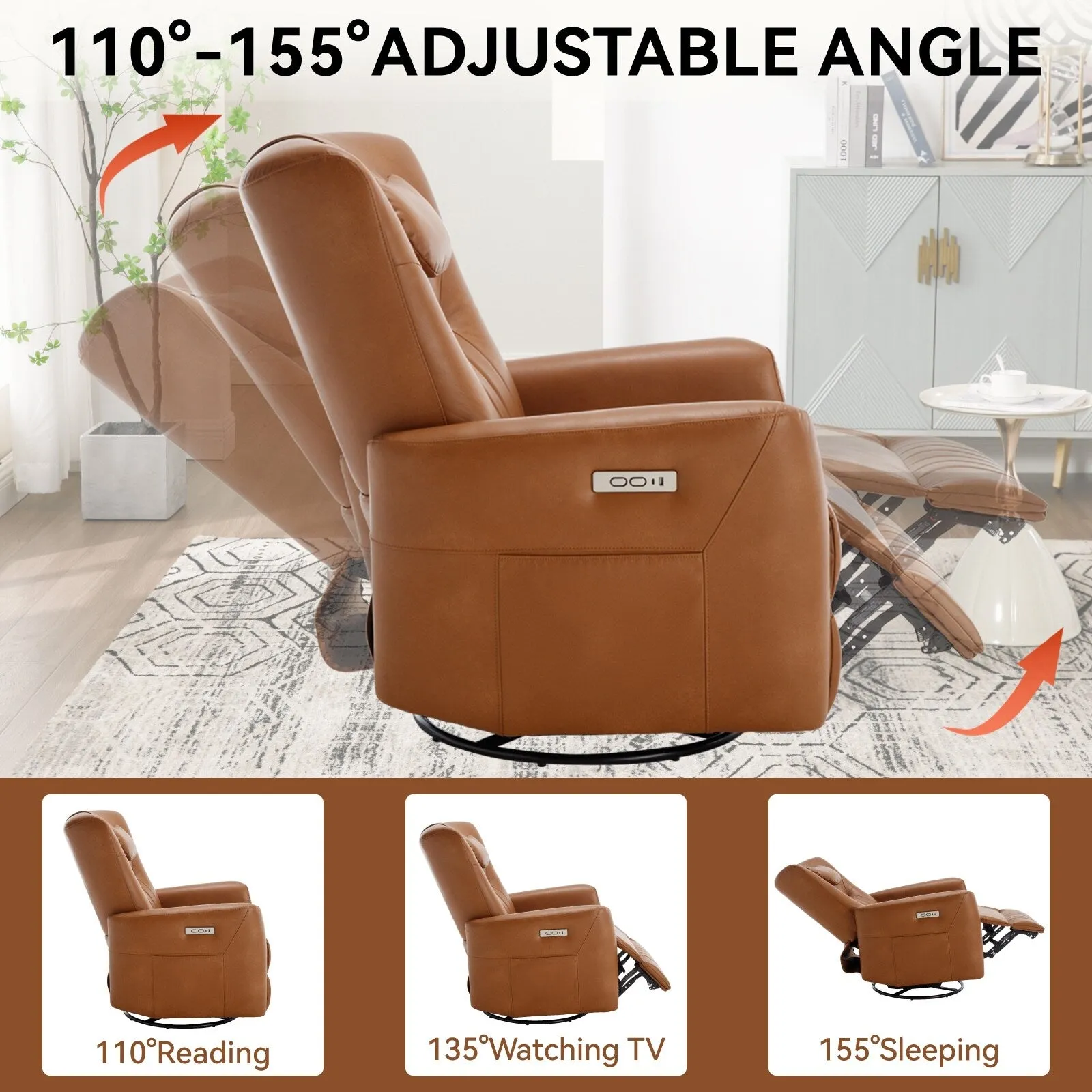 Leatheraire Swivel and Rocker Power Recliner Chair, Modern Single Recliner w/Lumbar & Neck Support Pillow, USB and Type-C Ports