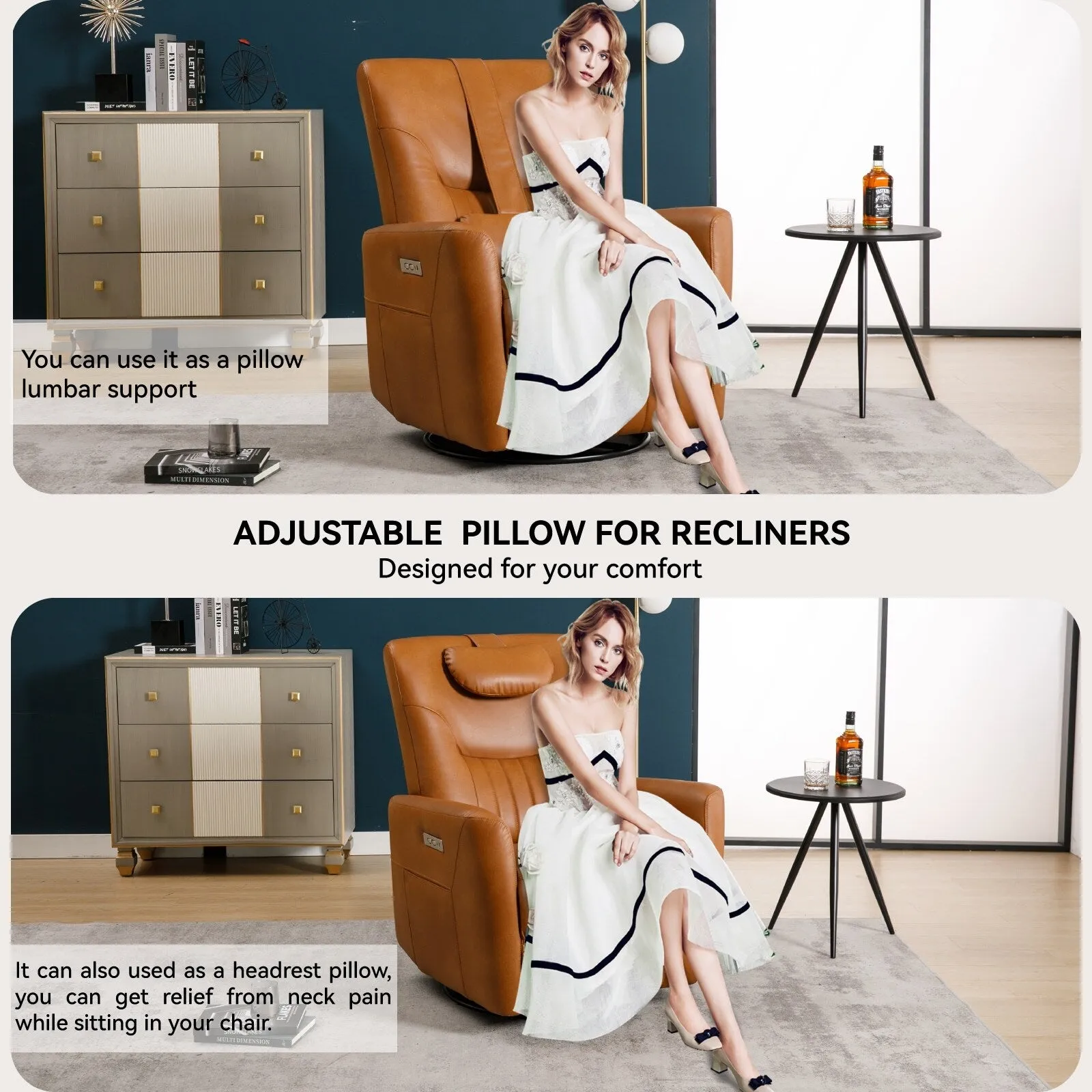 Leatheraire Swivel and Rocker Power Recliner Chair, Modern Single Recliner w/Lumbar & Neck Support Pillow, USB and Type-C Ports